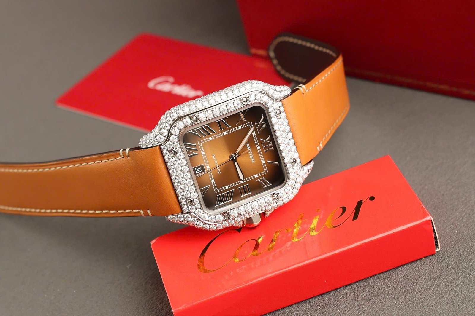 Cartier Santos Large Model Brown Dial Custom Moissanite Case Best Replica 39.8mm - 图片 6