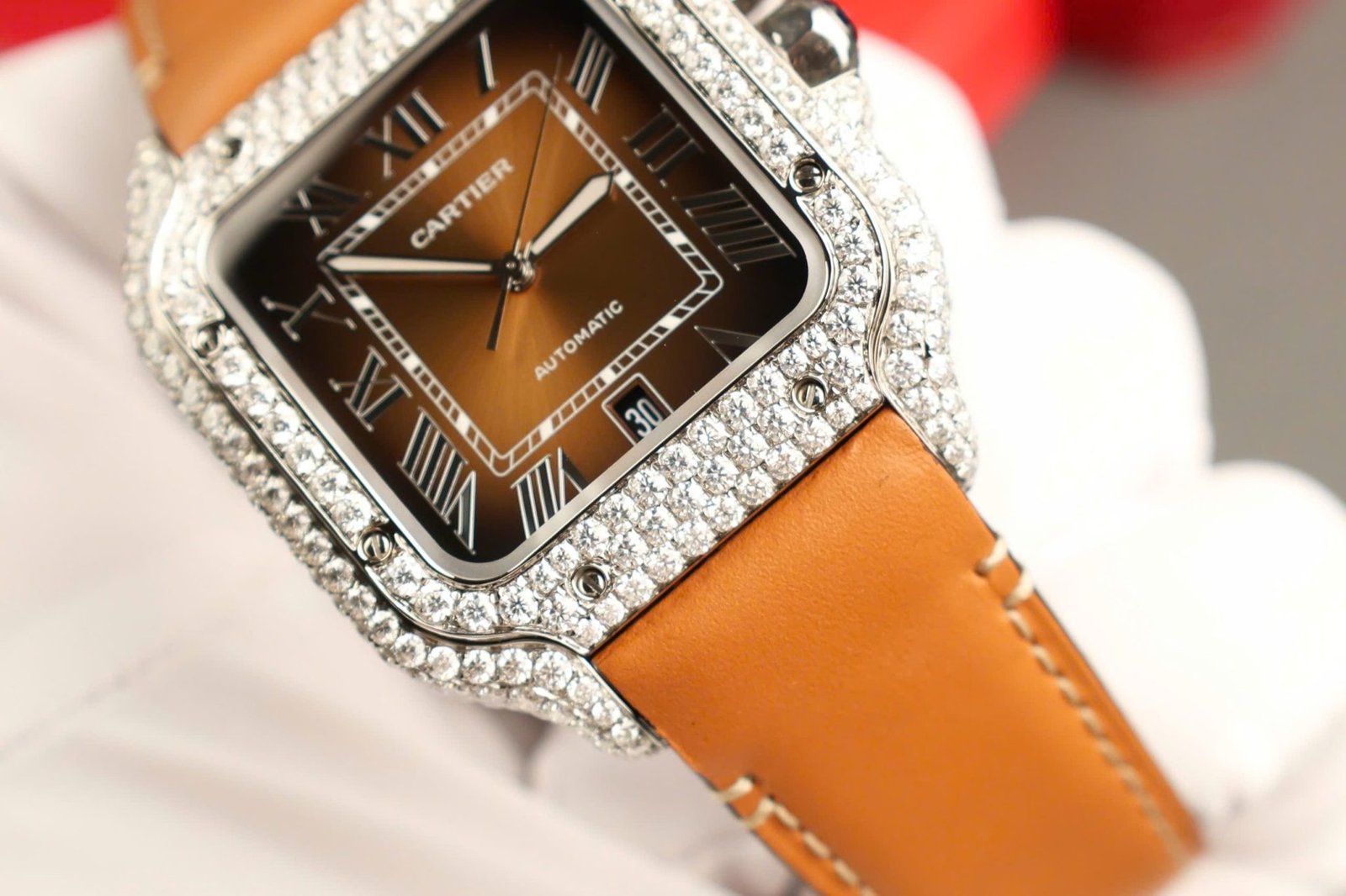 Cartier Santos Large Model Brown Dial Custom Moissanite Case Best Replica 39.8mm - 图片 7