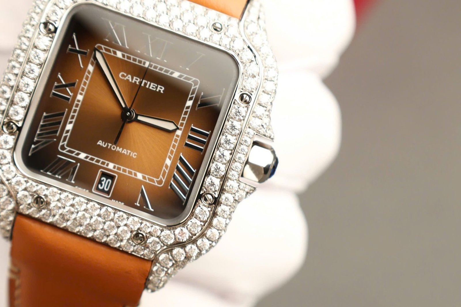Cartier Santos Large Model Brown Dial Custom Moissanite Case Best Replica 39.8mm - 图片 8
