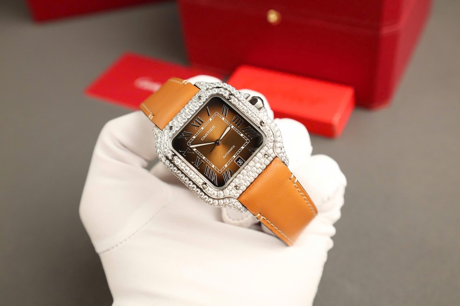 Cartier Santos Large Model Brown Dial Custom Moissanite Case Best Replica 39.8mm - 图片 9