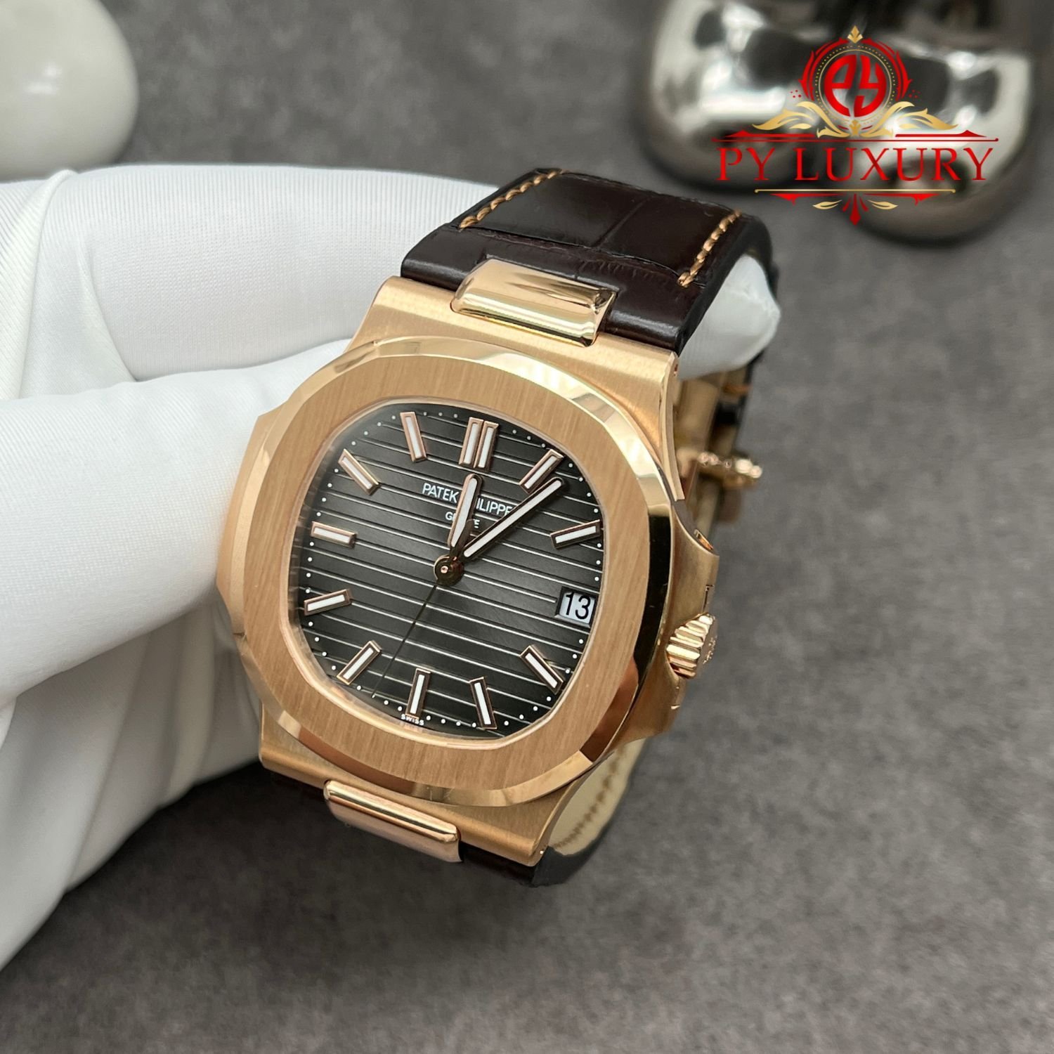 Patek Philippe Nautilus 5711R-001 Grey Dial 1:1 Custom Made Pure 18K Rose Gold Crocodile Leather Strap 40mm - 图片 2