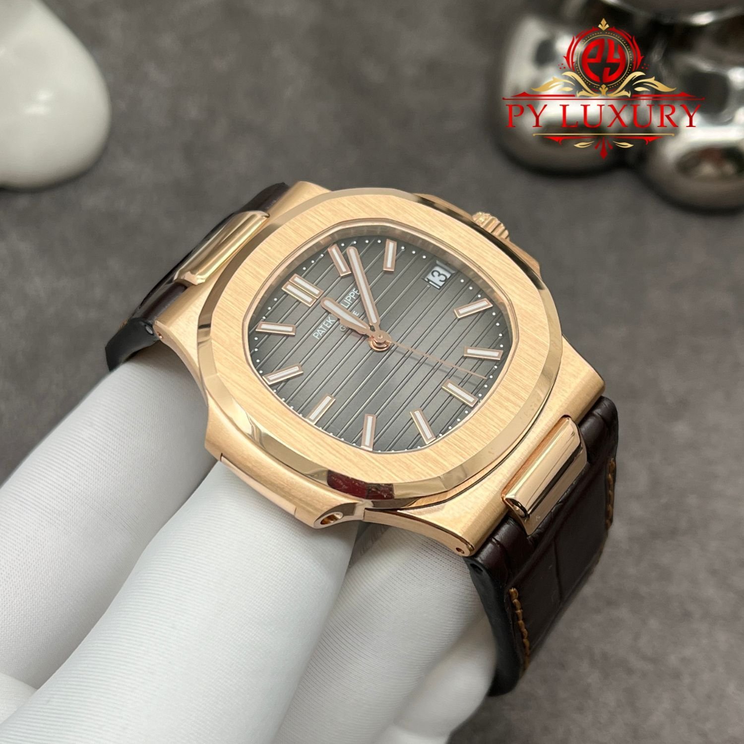 Patek Philippe Nautilus 5711R-001 Grey Dial 1:1 Custom Made Pure 18K Rose Gold Crocodile Leather Strap 40mm - 图片 3