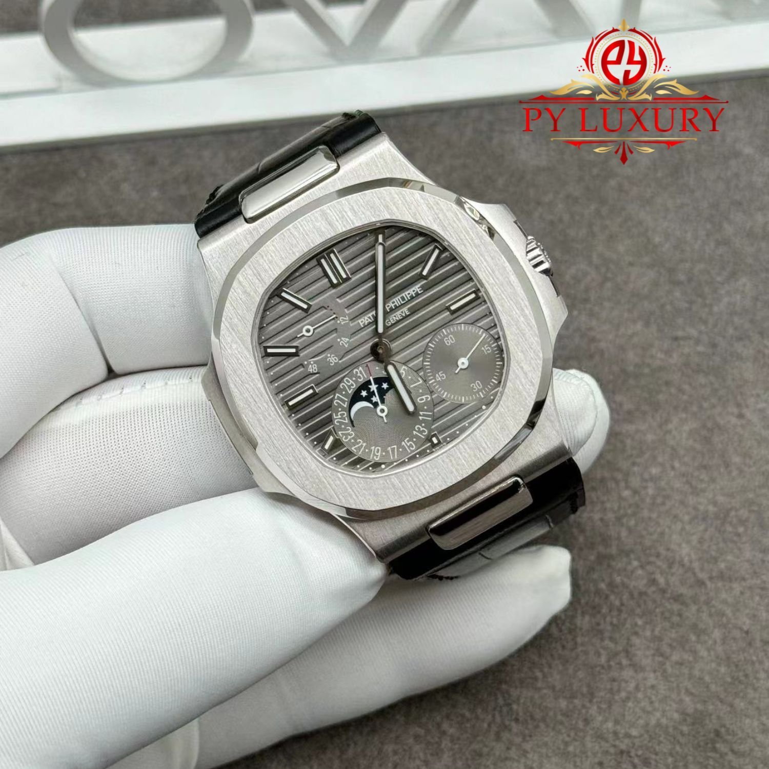 Patek Philippe Nautilus 5712G-001 Grey Dial 1:1 Custom Made Pure 18K White Gold Crocodile Leather Strap 40mm - 图片 2