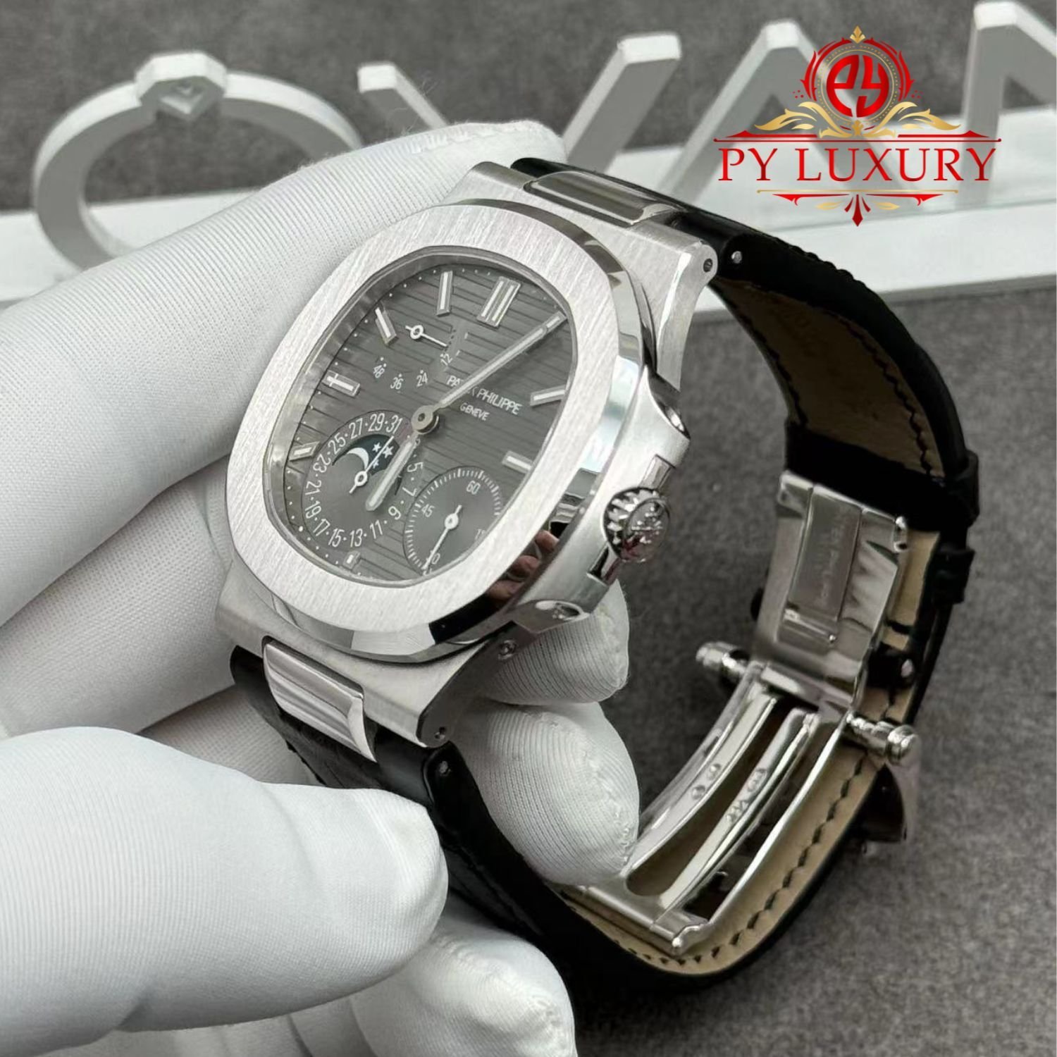 Patek Philippe Nautilus 5712G-001 Grey Dial 1:1 Custom Made Pure 18K White Gold Crocodile Leather Strap 40mm - 图片 3