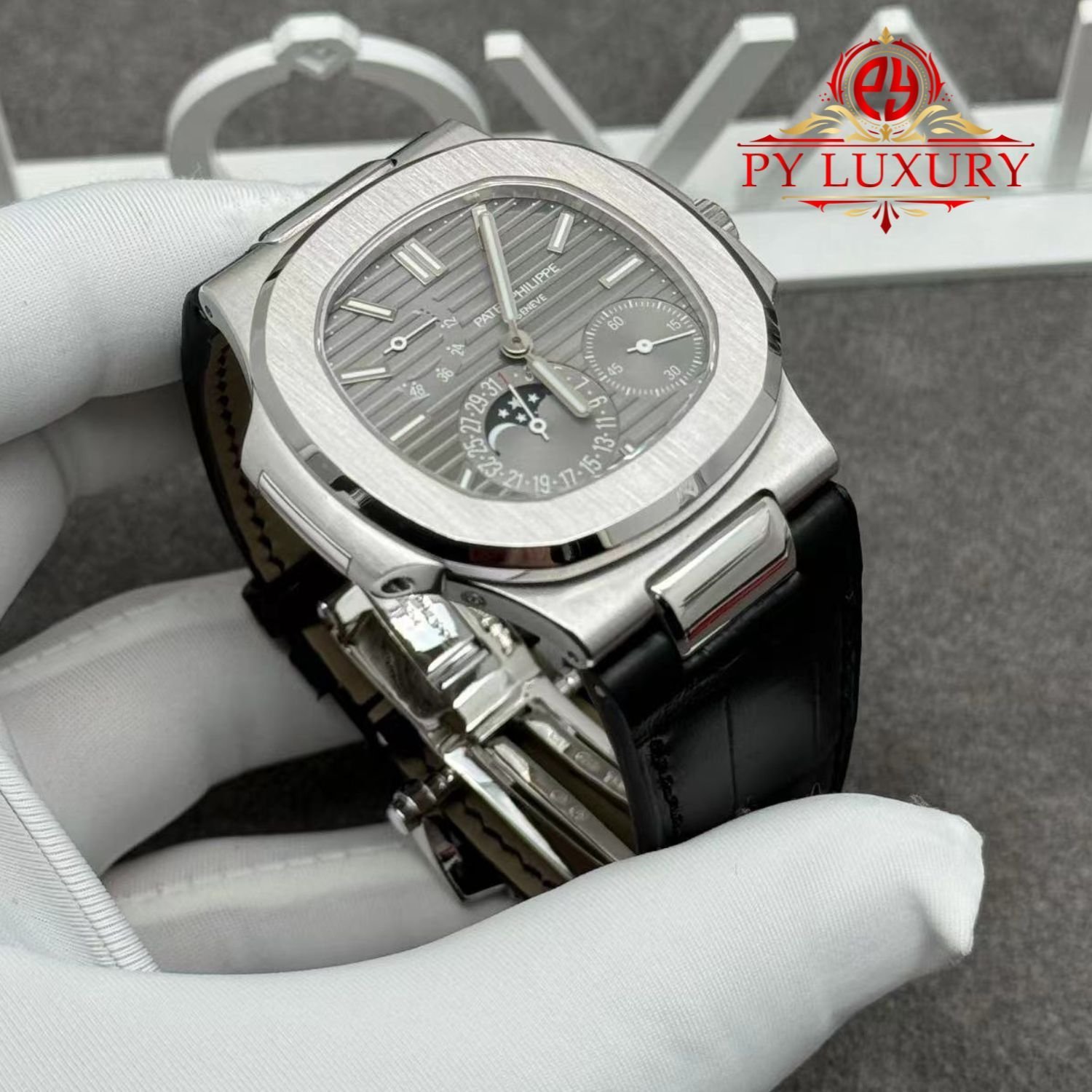 Patek Philippe Nautilus 5712G-001 Grey Dial 1:1 Custom Made Pure 18K White Gold Crocodile Leather Strap 40mm - 图片 4