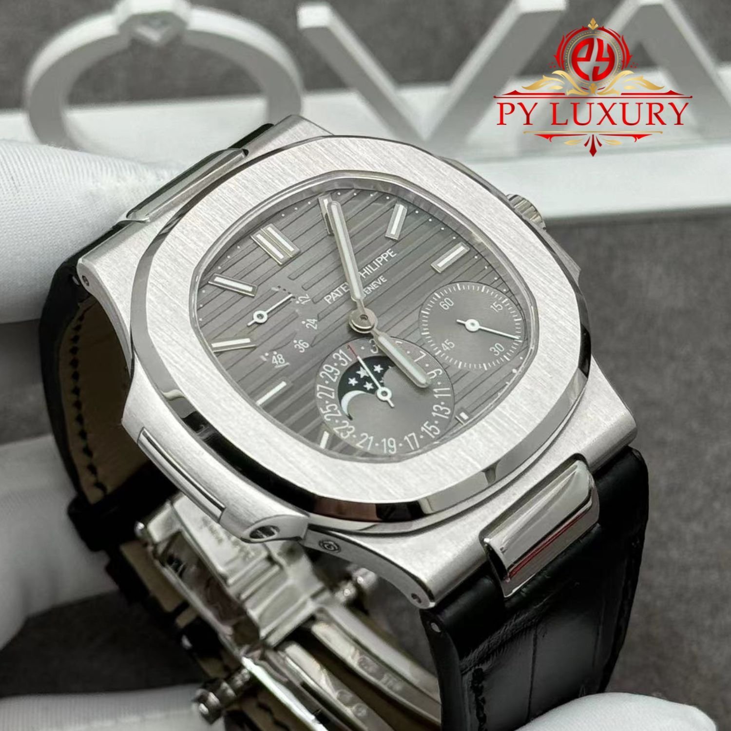 Patek Philippe Nautilus 5712G-001 Grey Dial 1:1 Custom Made Pure 18K White Gold Crocodile Leather Strap 40mm - 图片 5