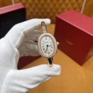 Cartier Baignoire Small Model 18K Rose Gold Wrapepd Silver Dial Moissanite Bezel 1:1 Best Replica (Wrist Size 15, 16, 17cm)