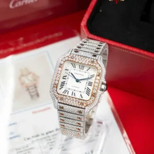 Cartier Santos Medium Model Two Tone Rose Gold Iced Out Moissanite 1:1 Best Replica 35.1mm