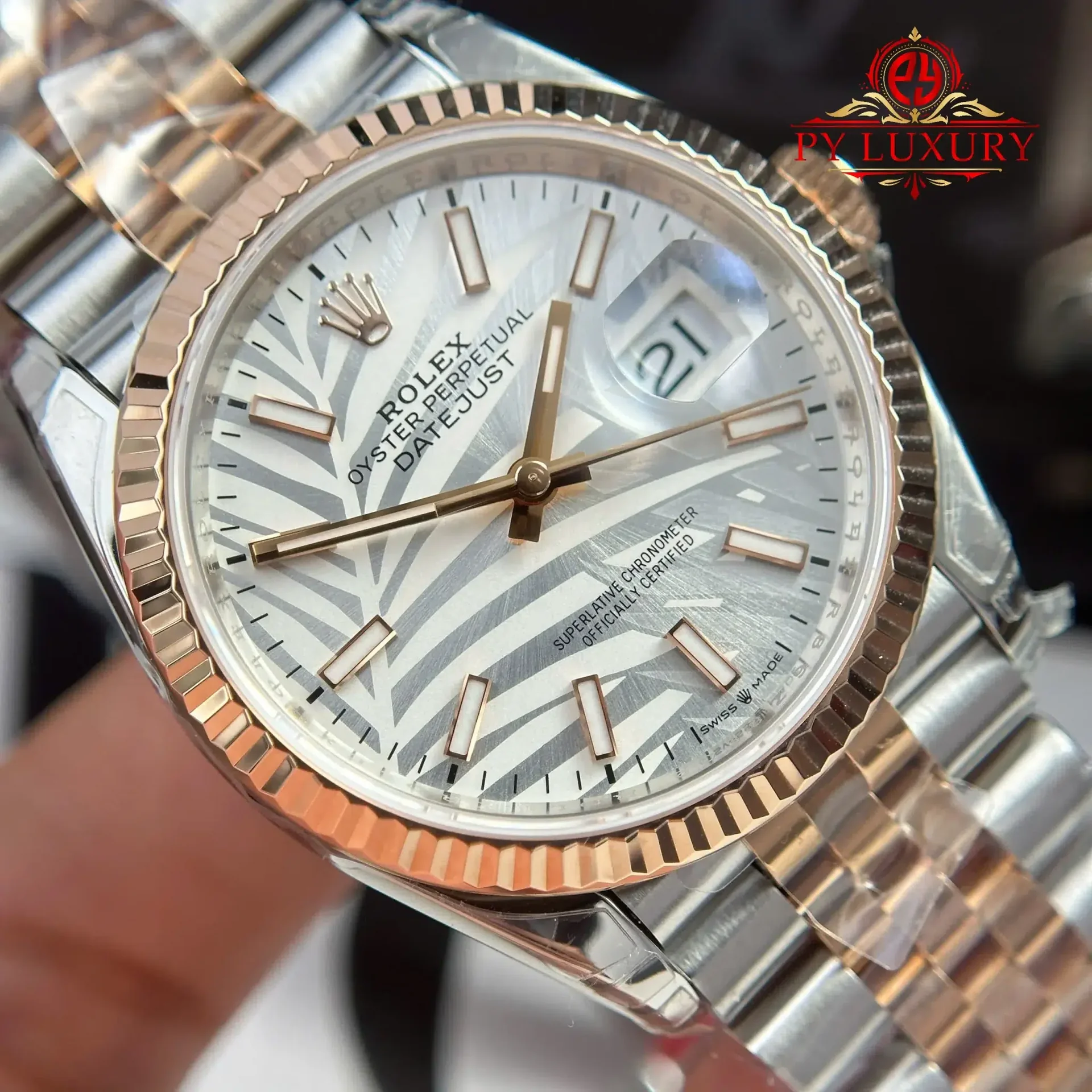 Rolex Datejust 126231 Rose Gold/Steel Silver Palm Motif Dial Luminous Hour Markers Jubilee 1:1 Best Replica 36mm - 图片 5