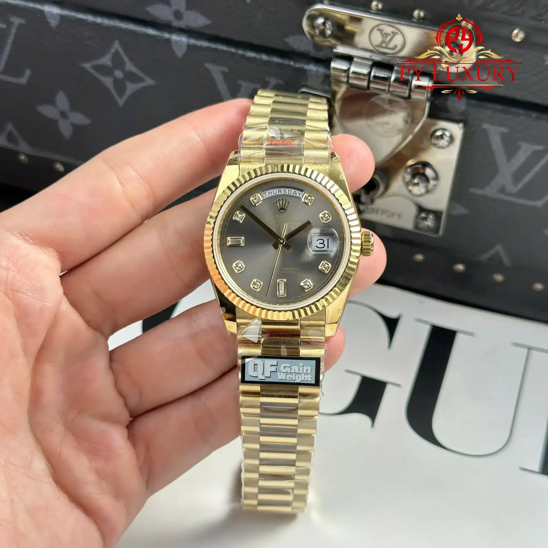 Rolex Day-Date 128238-0022 Yellow Gold Dark Grey Diamond-set Dial 158g 1:1 Best Replica QF 36mm