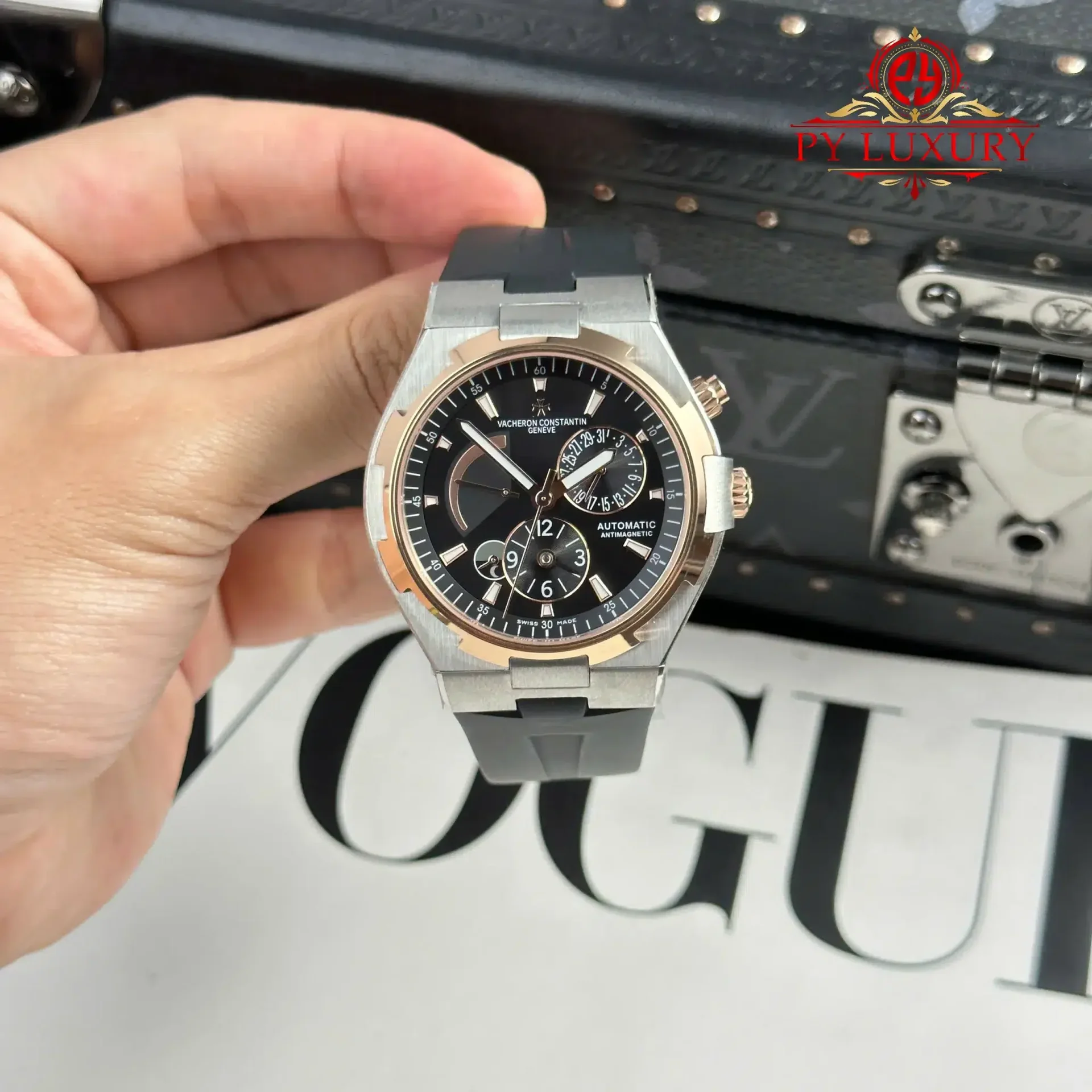 Vacheron Constantin Overseas Dual Time 47450/000M-9644 Two Tone Rose Gold Grey Dial Rubber Band Best Replica 42mm