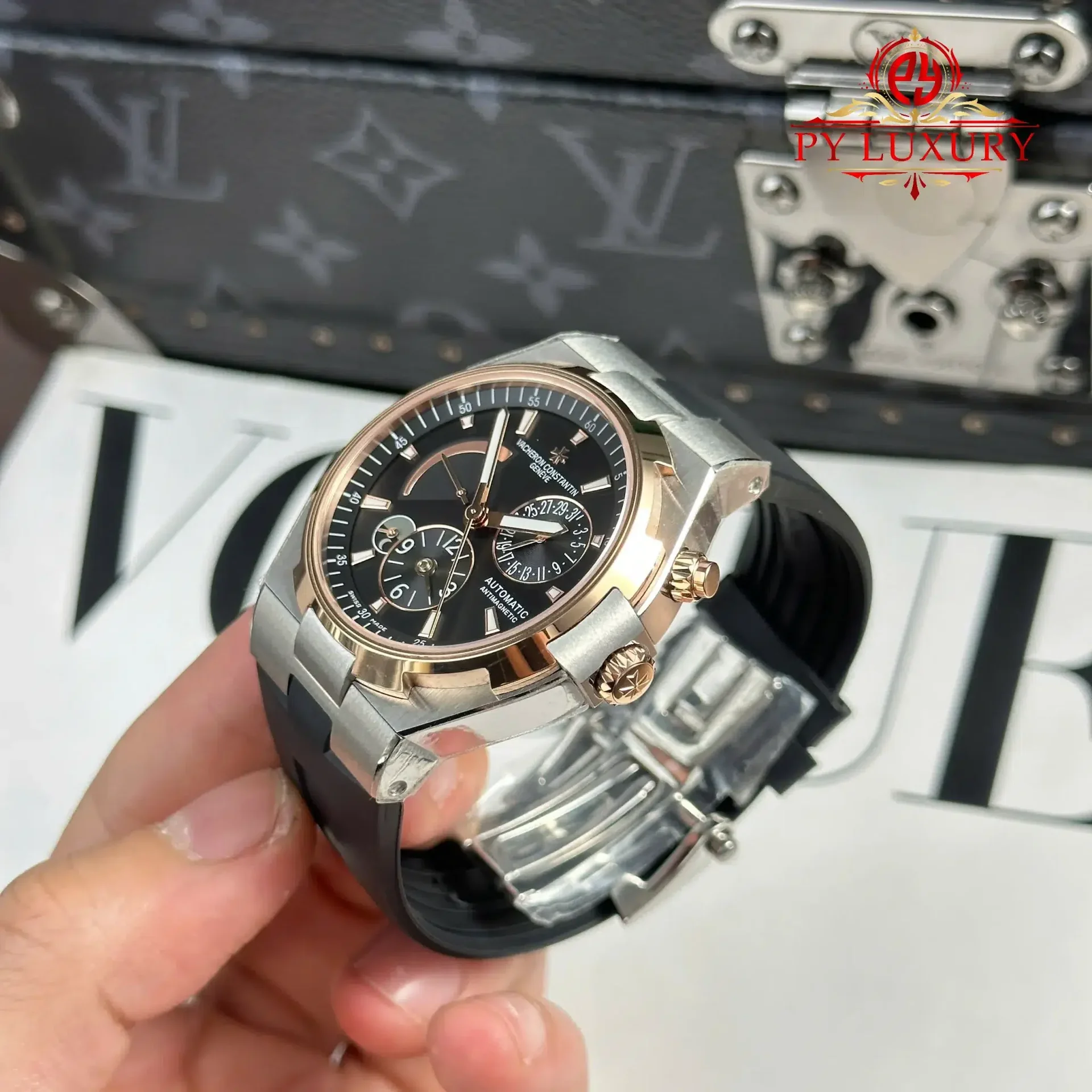Vacheron Constantin Overseas Dual Time 47450/000M-9644 Two Tone Rose Gold Grey Dial Rubber Band Best Replica 42mm - 图片 3