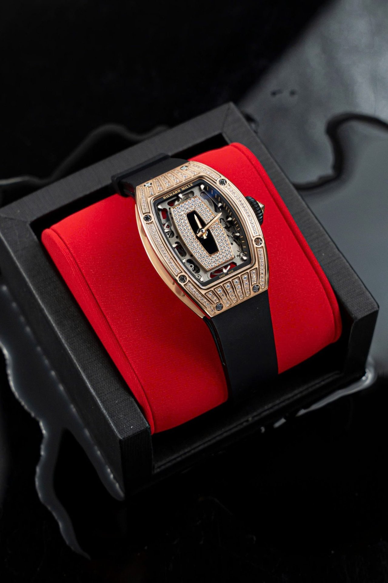 Richard Mille RM07-01 Rose Gold Diamonds Onyz Dial Rubber Strap 1:1 Super Clone ZF 45.32 x 32.3mm