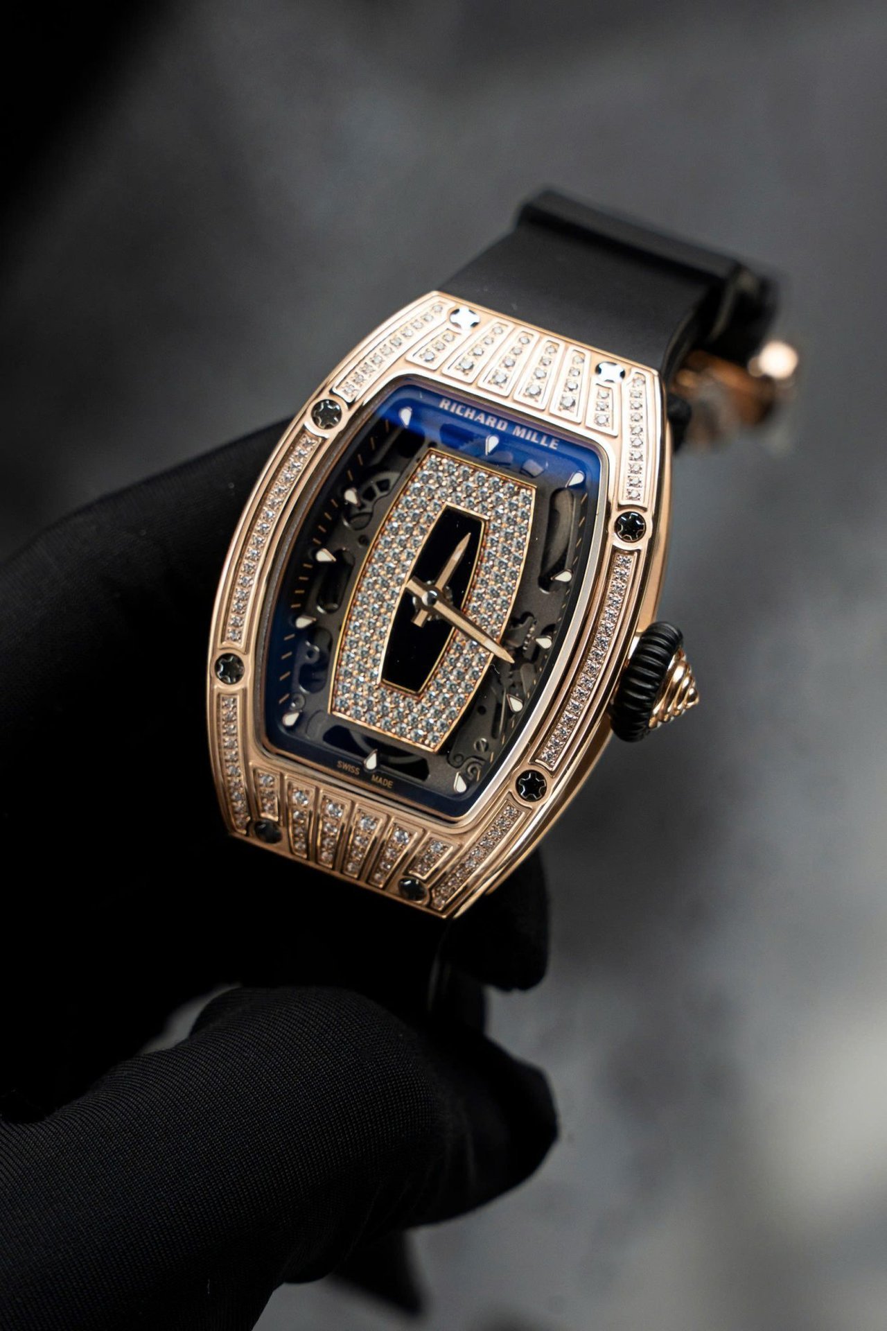 Richard Mille RM07-01 Rose Gold Diamonds Onyz Dial Rubber Strap 1:1 Super Clone ZF 45.32 x 32.3mm - 图片 3