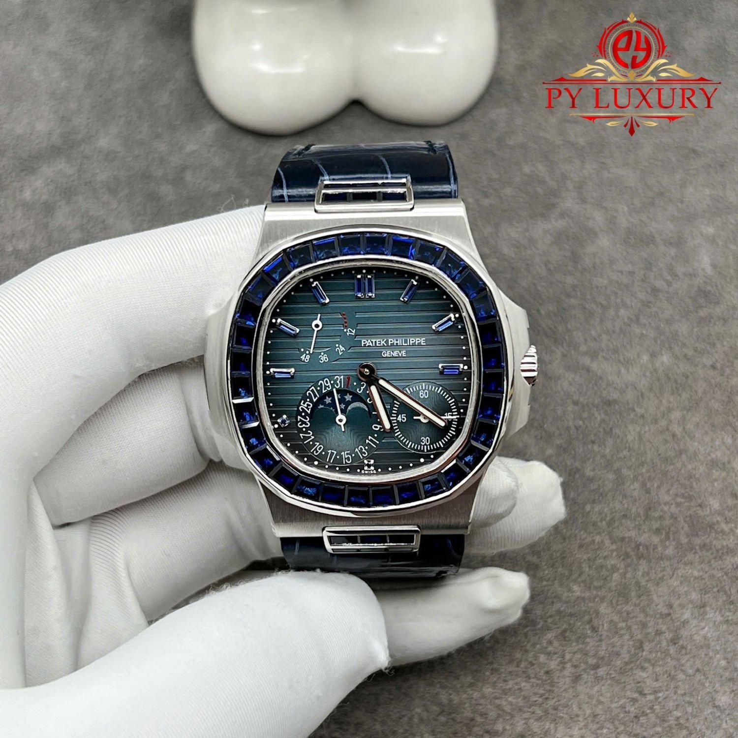 Patek Philippe Nautilus 5724G Blue Dial Custom Made Pure 18K White Gold Blue Sapphire Crocodile Leather Strap 40mm