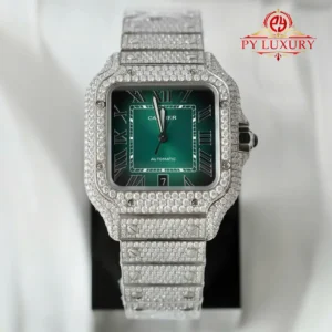 Cartier Santos Large Model Green Roman Dial Iced Out Moissanite Best Replica 39.8mm