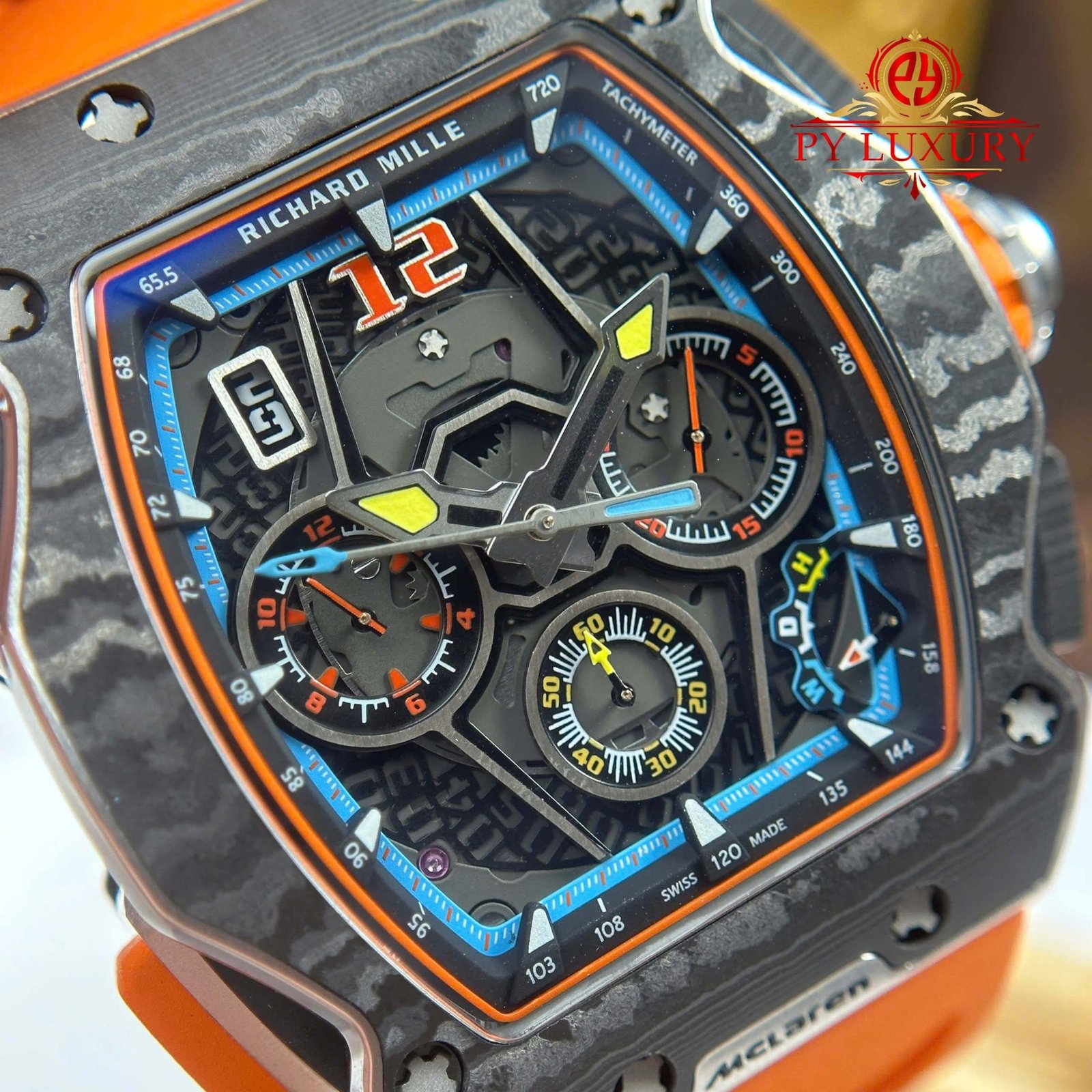 Richard Mille RM65-01 McLaren Chronograph Carbon Fiber Skeleton Dial Rubber Strap Best Replica 44.5mm x 49.9mm - 图片 5