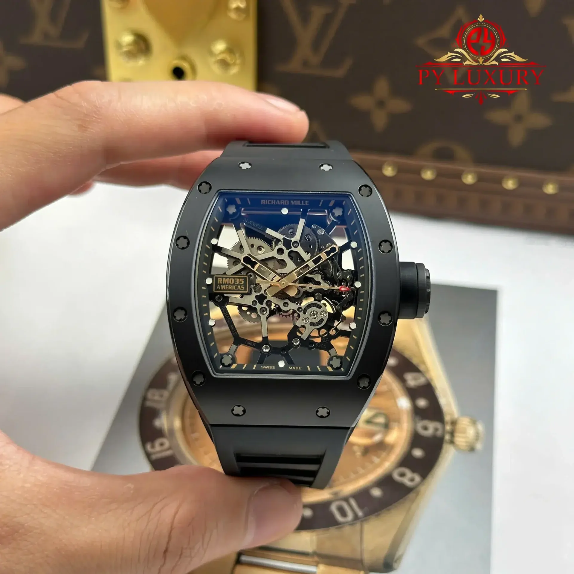 Richard Mille RM035 Black Toro Ceramic & Rose Gold Skeleton Dial Rubber Strap Best Replica 1:1 ZF Factory 39.7mm x 48mm