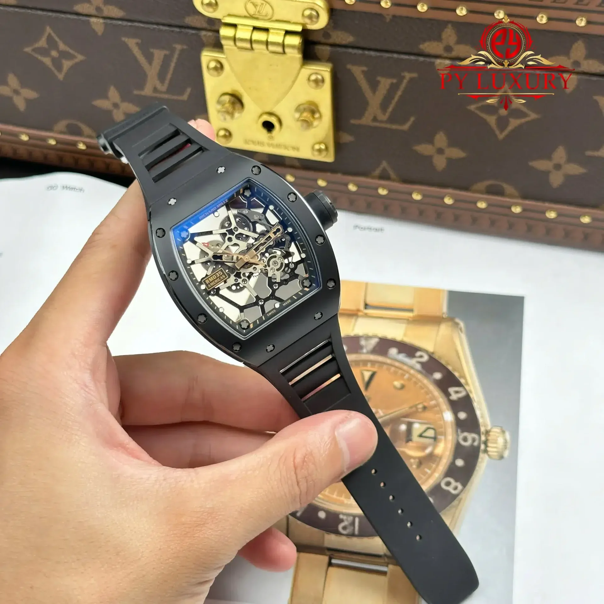 Richard Mille RM035 Black Toro Ceramic & Rose Gold Skeleton Dial Rubber Strap Best Replica 1:1 ZF Factory 39.7mm x 48mm - 图片 2