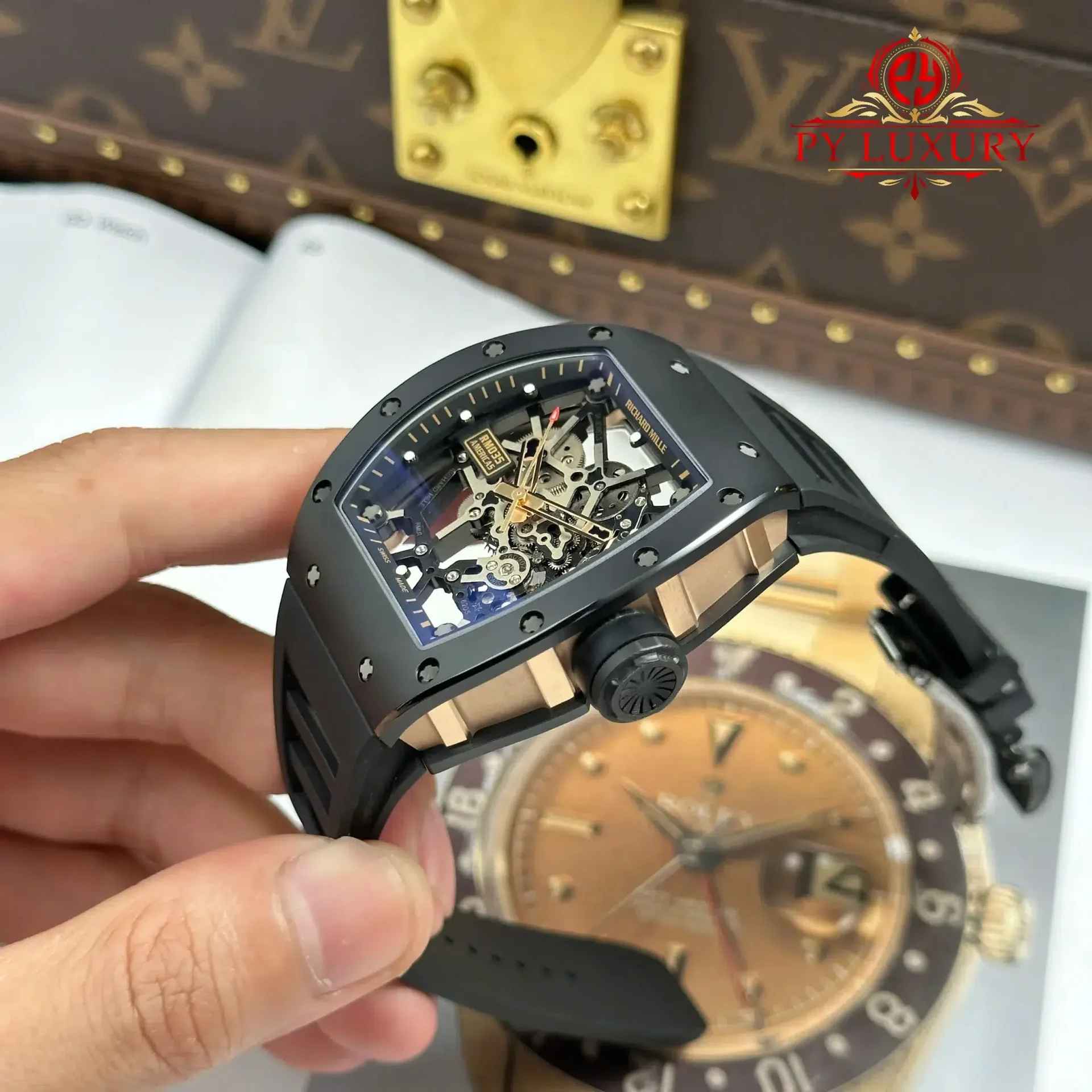 Richard Mille RM035 Black Toro Ceramic & Rose Gold Skeleton Dial Rubber Strap Best Replica 1:1 ZF Factory 39.7mm x 48mm - 图片 3