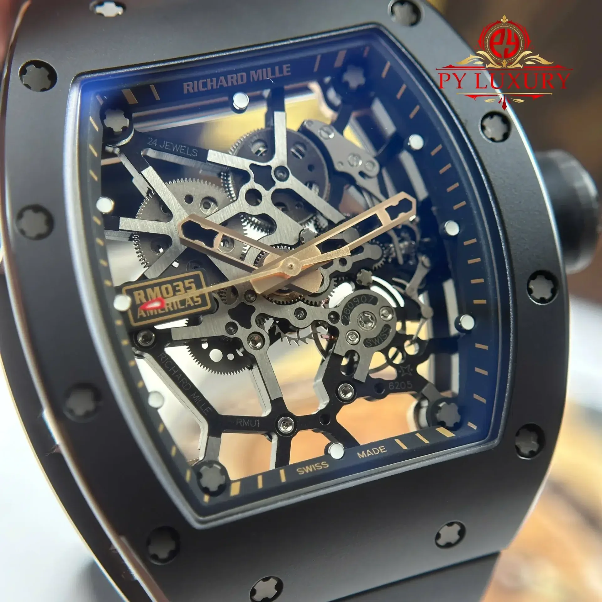 Richard Mille RM035 Black Toro Ceramic & Rose Gold Skeleton Dial Rubber Strap Best Replica 1:1 ZF Factory 39.7mm x 48mm - 图片 5
