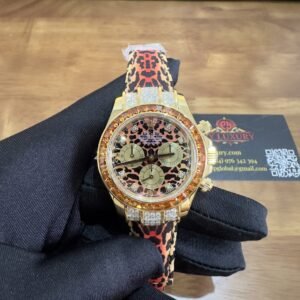 Rolex Daytona Leopard Custom 18K Yellow Gold Plated with Moissanite & Orange Sapphire Bezel 1:1 Super Clone 40mm