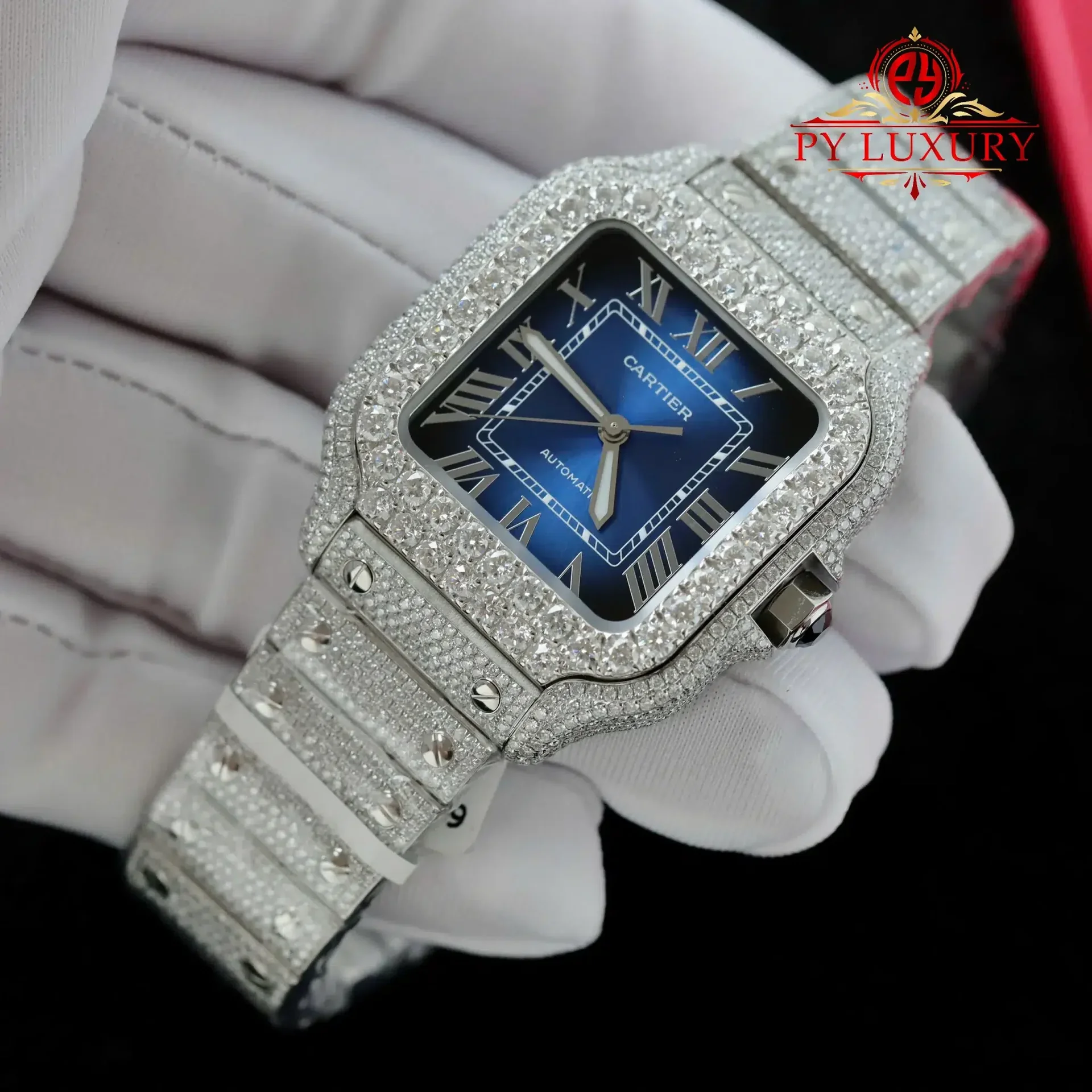 Cartier Santos Large ModelBlue Dial Iced Out Moissanite Best Replica 39.8mm - 图片 2
