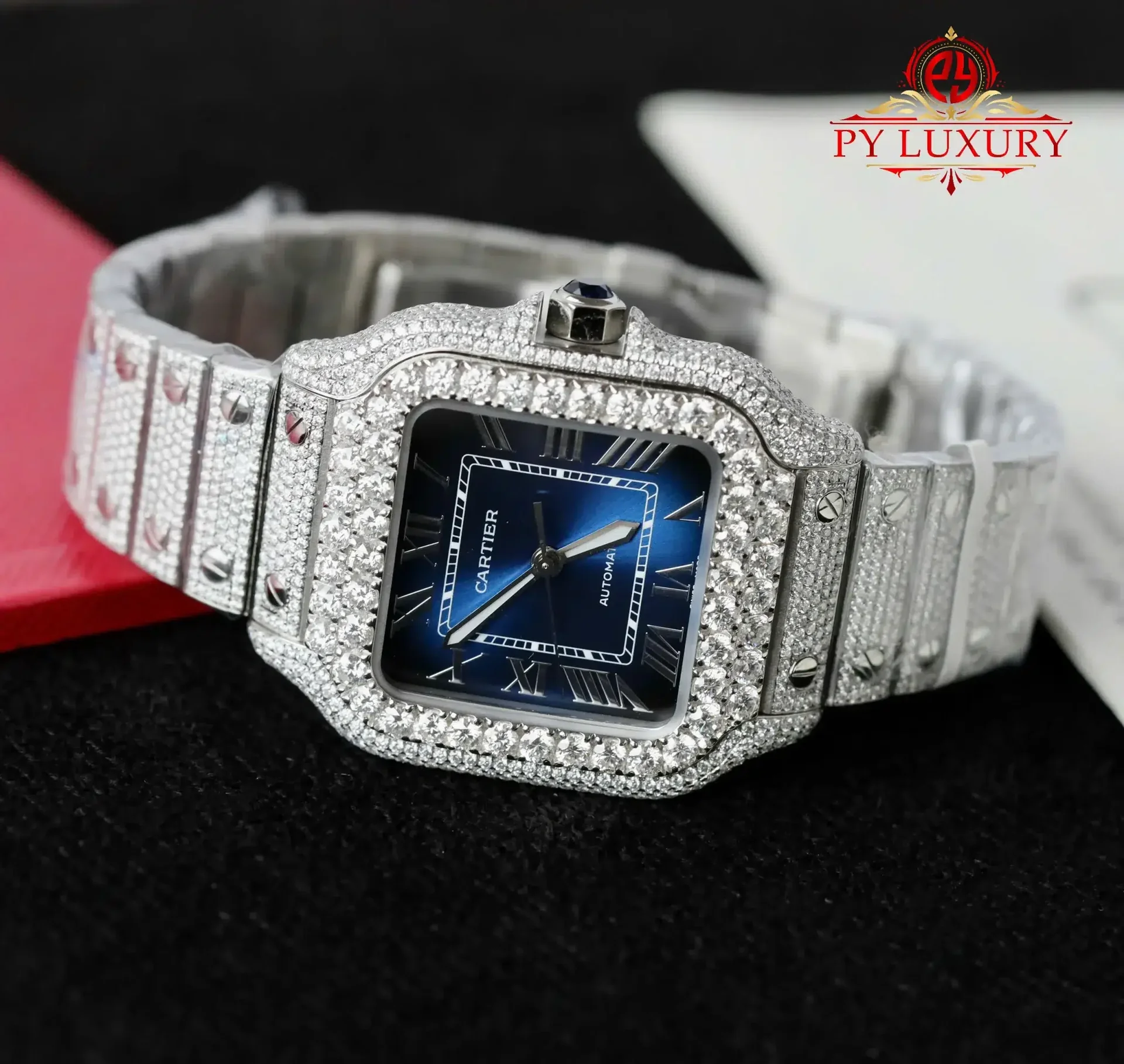 Cartier Santos Large ModelBlue Dial Iced Out Moissanite Best Replica 39.8mm - 图片 3