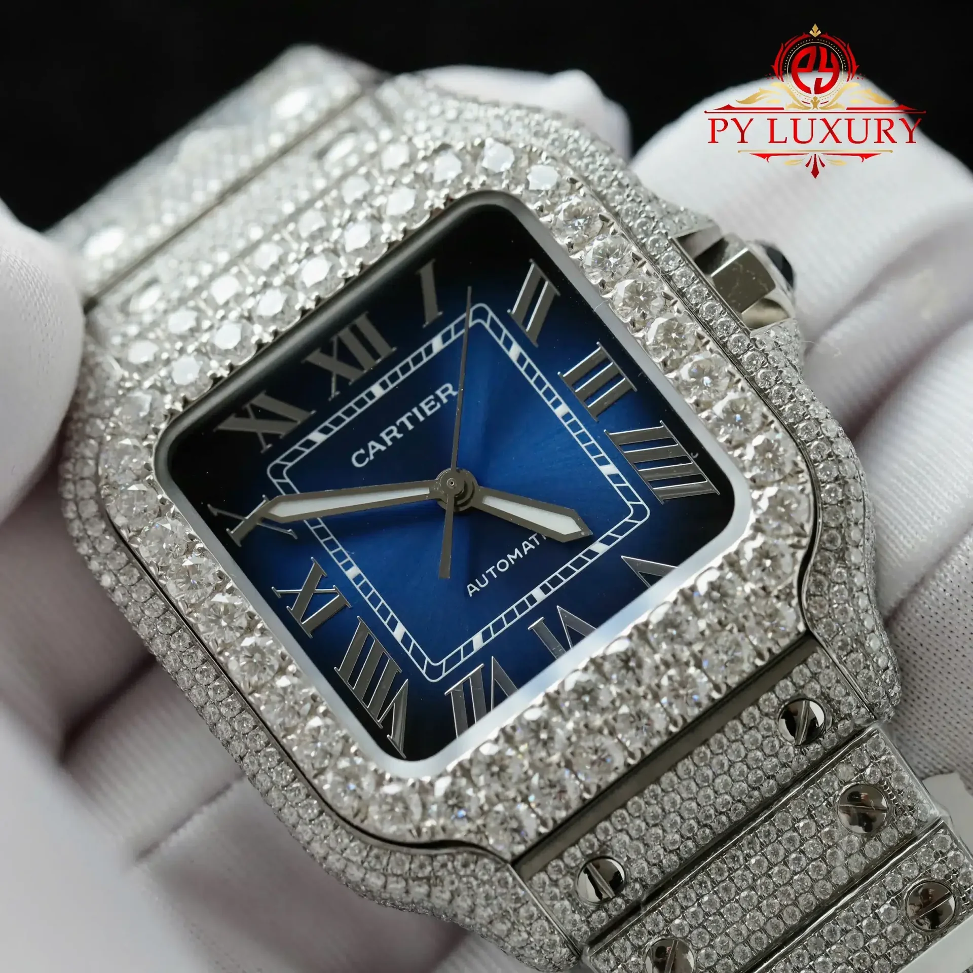 Cartier Santos Large ModelBlue Dial Iced Out Moissanite Best Replica 39.8mm - 图片 4