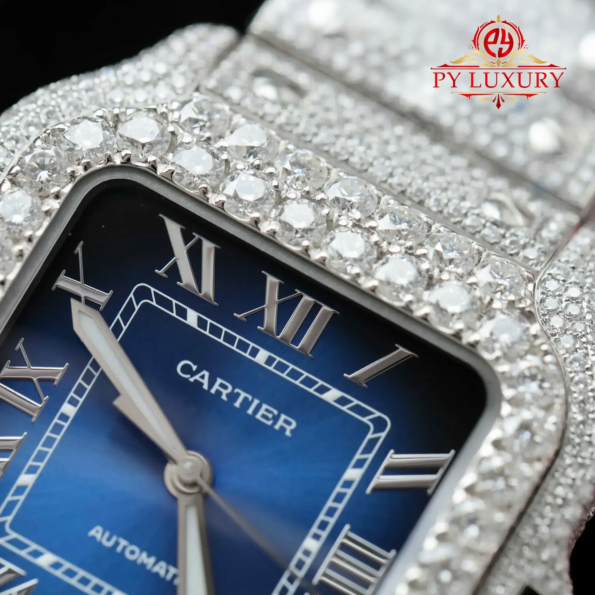 Cartier Santos Large ModelBlue Dial Iced Out Moissanite Best Replica 39.8mm - 图片 5