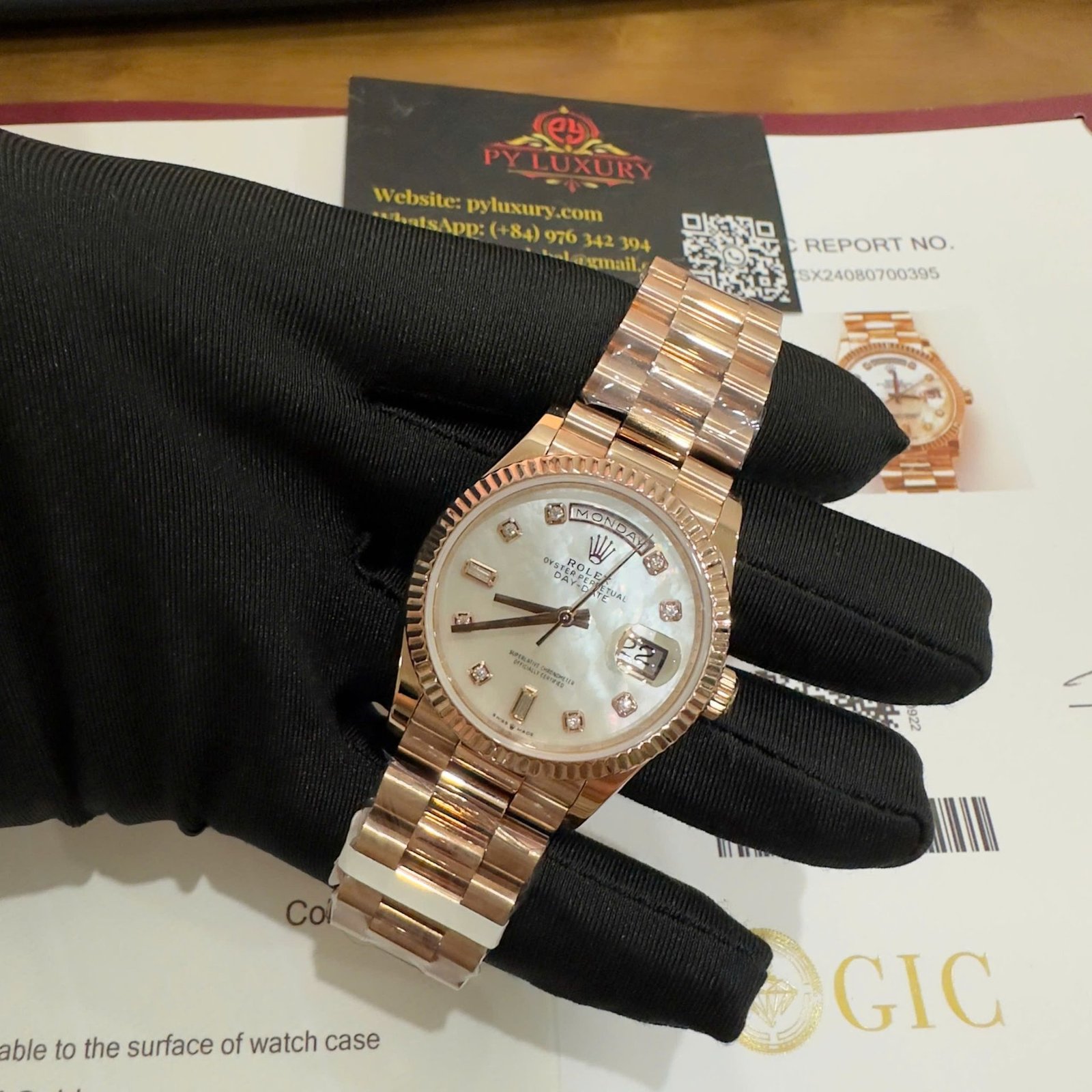 Rolex Day-Date 128235 18K Rose Gold Wrapped Custom Natural MOP Dial Moissanite Numerals Best Replica 36mm - 图片 4