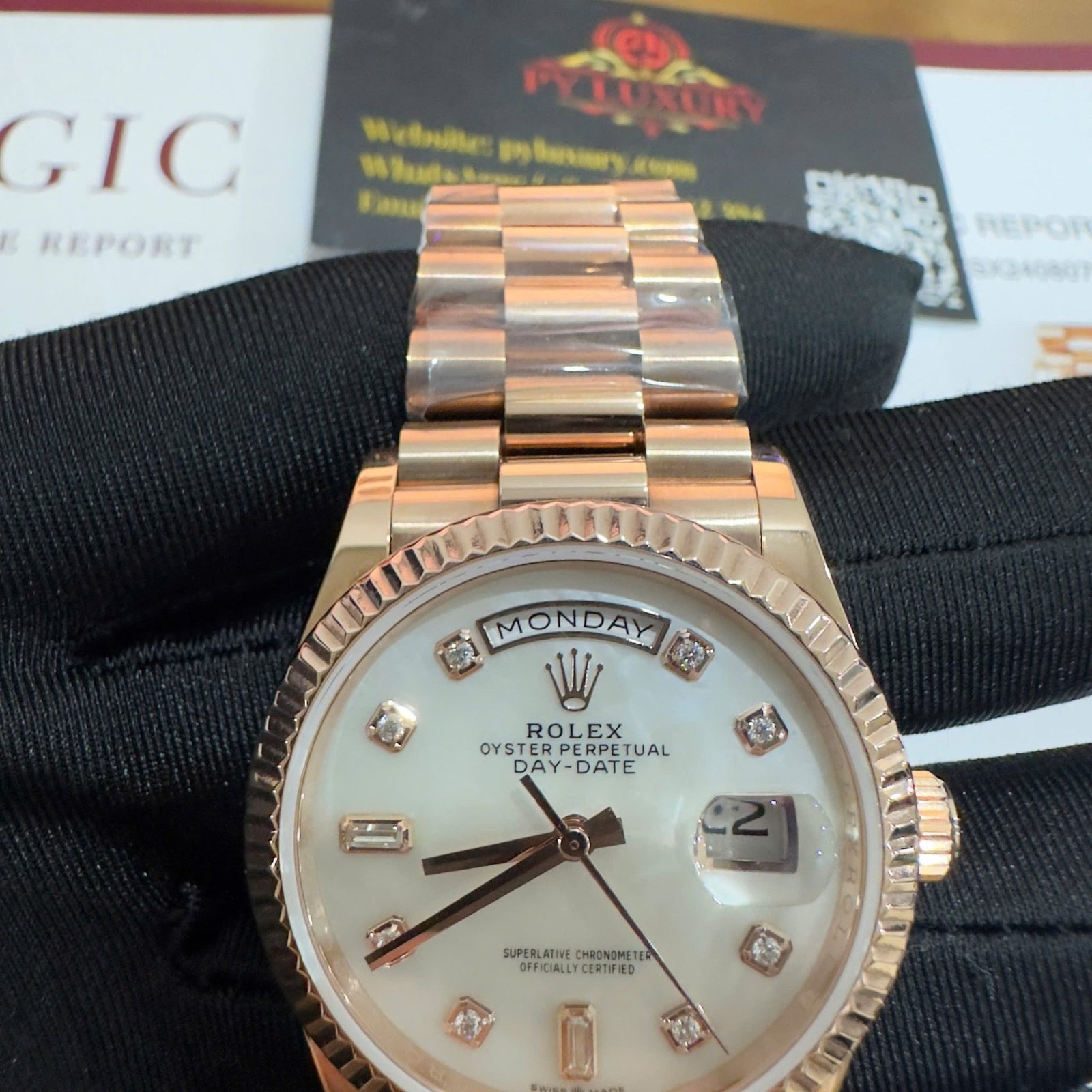 Rolex Day-Date 128235 18K Rose Gold Wrapped Custom Natural MOP Dial Moissanite Numerals Best Replica 36mm - 图片 6