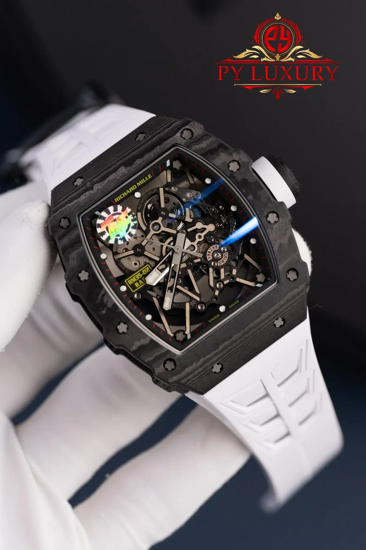 Richard Mille RM35-02 Rafael Nadal Black Carbon TPT White Rubber Band Super Clone V7 ZF 49.94mm x 44.5mm - 图片 2