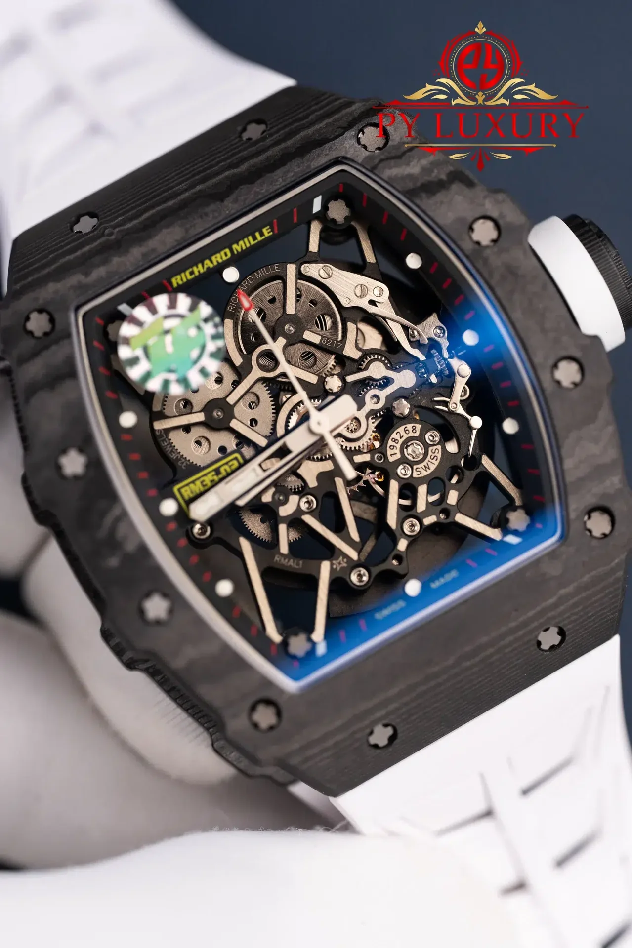 Richard Mille RM35-02 Rafael Nadal Black Carbon TPT White Rubber Band Super Clone V7 ZF 49.94mm x 44.5mm - 图片 4