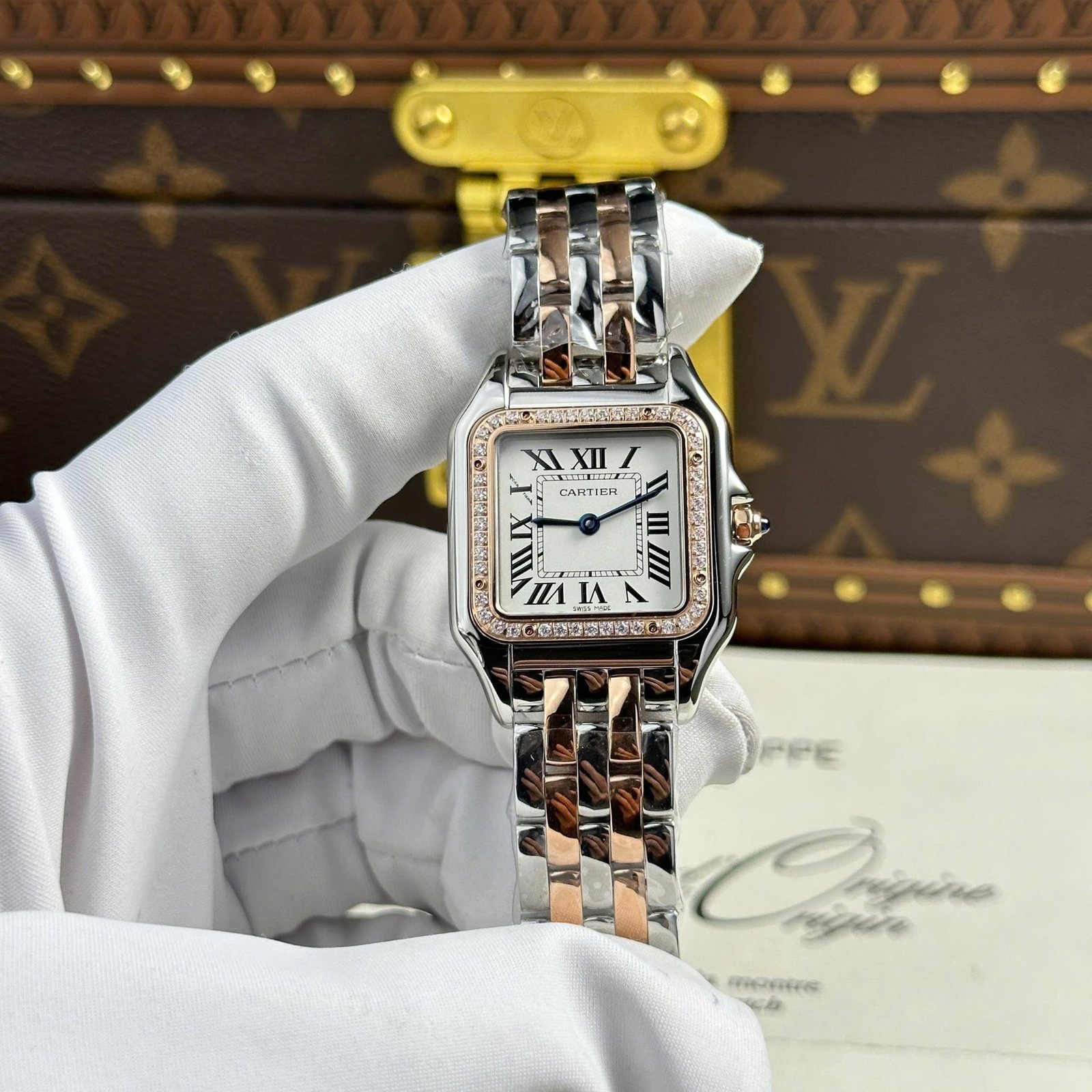Cartier Panthère Ladies Medium Model Two Tone Rose Gold White Dial Diamond Bezel Best Replica BVF 27mm x 36mm