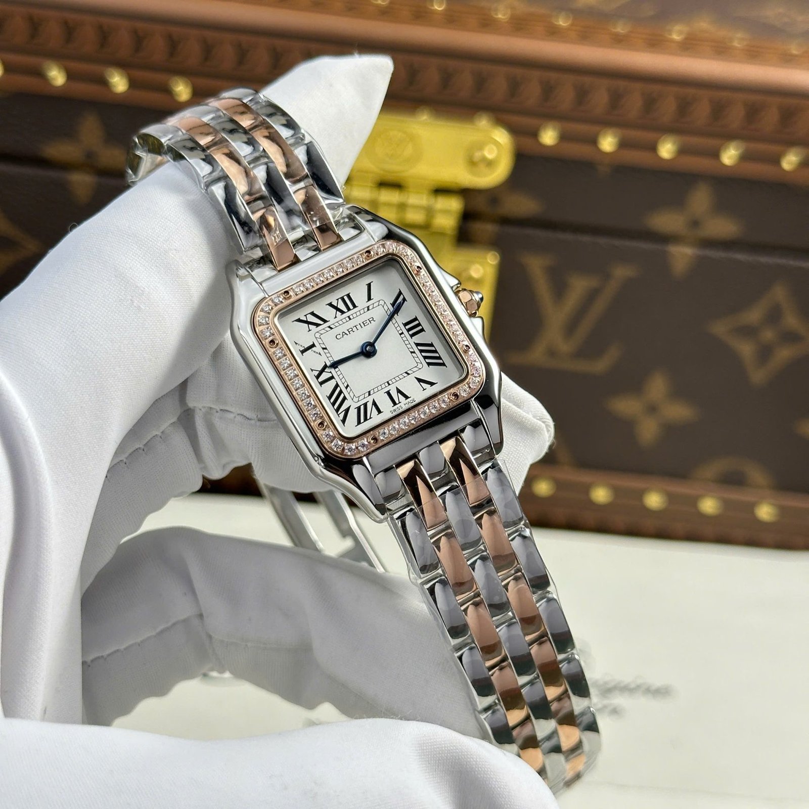 Cartier Panthère Ladies Medium Model Two Tone Rose Gold White Dial Diamond Bezel Best Replica BVF 27mm x 36mm - 图片 3