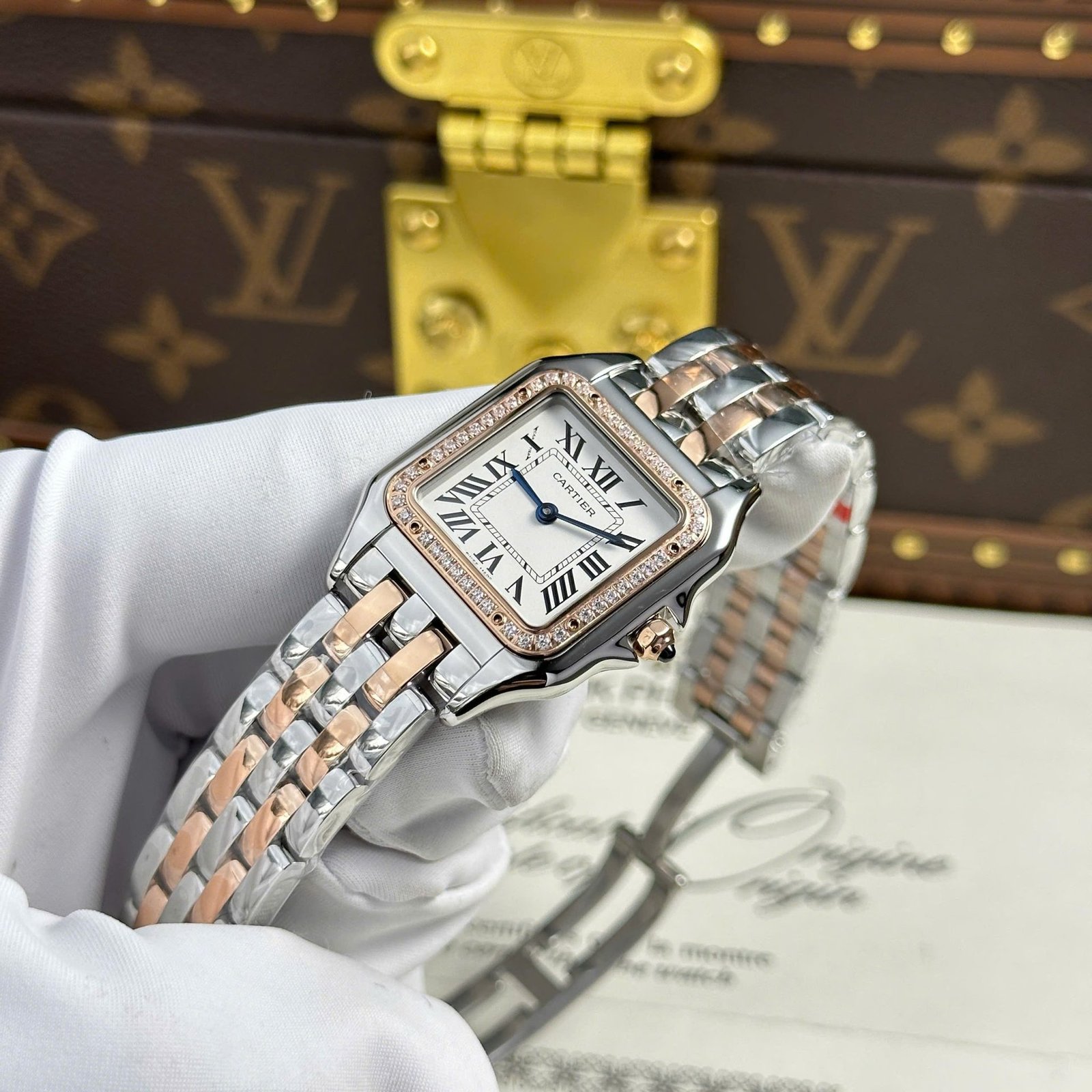 Cartier Panthère Ladies Medium Model Two Tone Rose Gold White Dial Diamond Bezel Best Replica BVF 27mm x 36mm - 图片 4