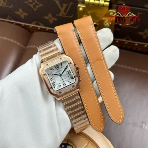 Cartier Santos WJSA0007 Rose Gold Silver Dial Diamond Bezel Best Replica BVF 35.1mm
