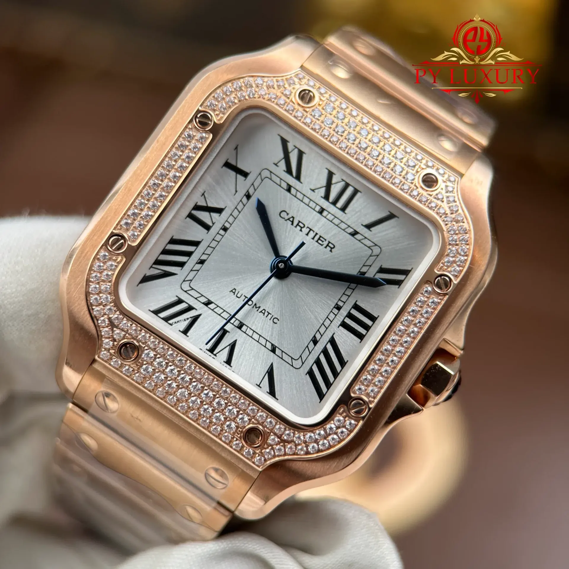 Cartier Santos WJSA0007 Rose Gold Silver Dial Diamond Bezel Best Replica BVF 35.1mm - 图片 5