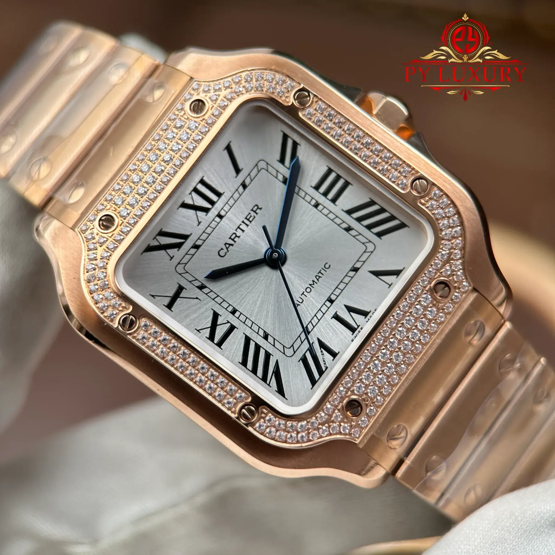 Cartier Santos WJSA0007 Rose Gold Silver Dial Diamond Bezel Best Replica BVF 35.1mm - 图片 6