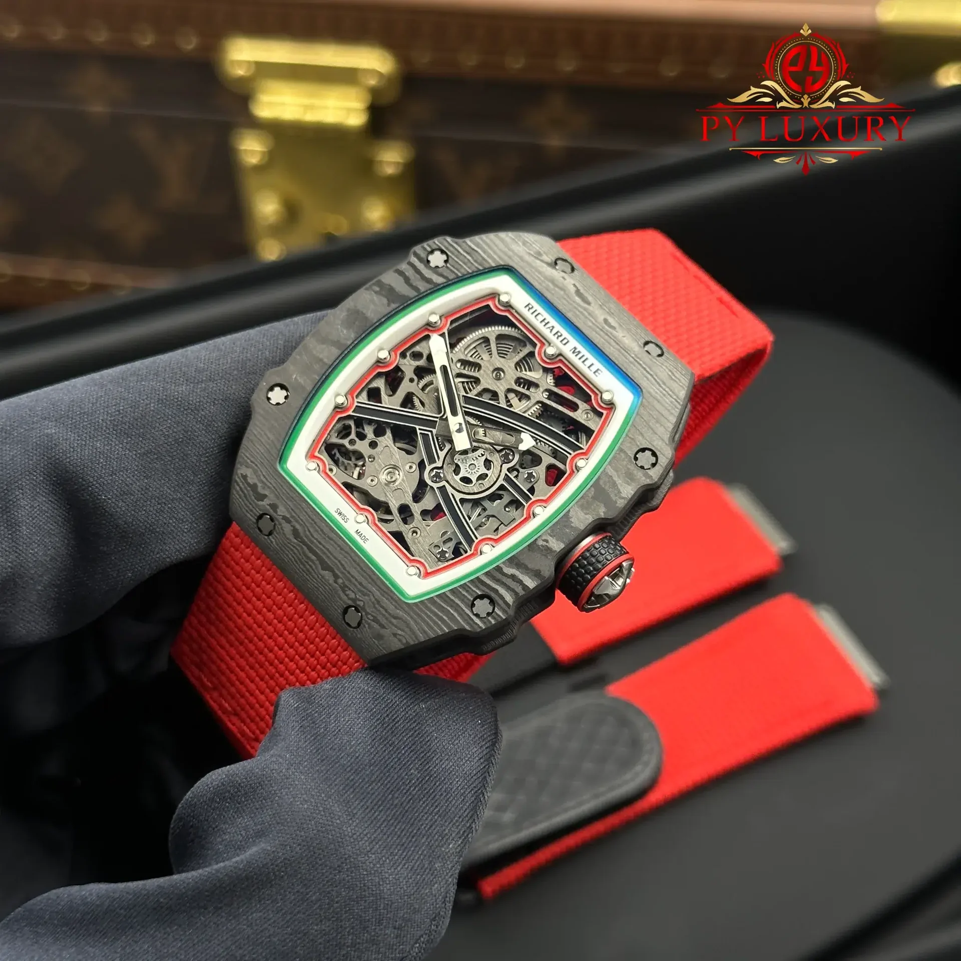 Richard Mille RM67-02 Extra Flat Italy Carbon TPT Red Green 1:1 Super Clone 38.7 x 47.52mm - 图片 3