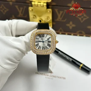 Cartier Coussin Medium Model Yellow Gold Spiral-set Diamonds Silver Dial Best Replica 30.4 x 31.1mm