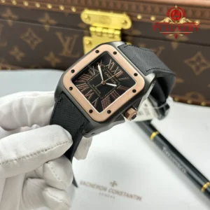 Cartier Santos 100 XL Black DLC Rose Gold Black Leather Strap Best Replica 43 x 51mm