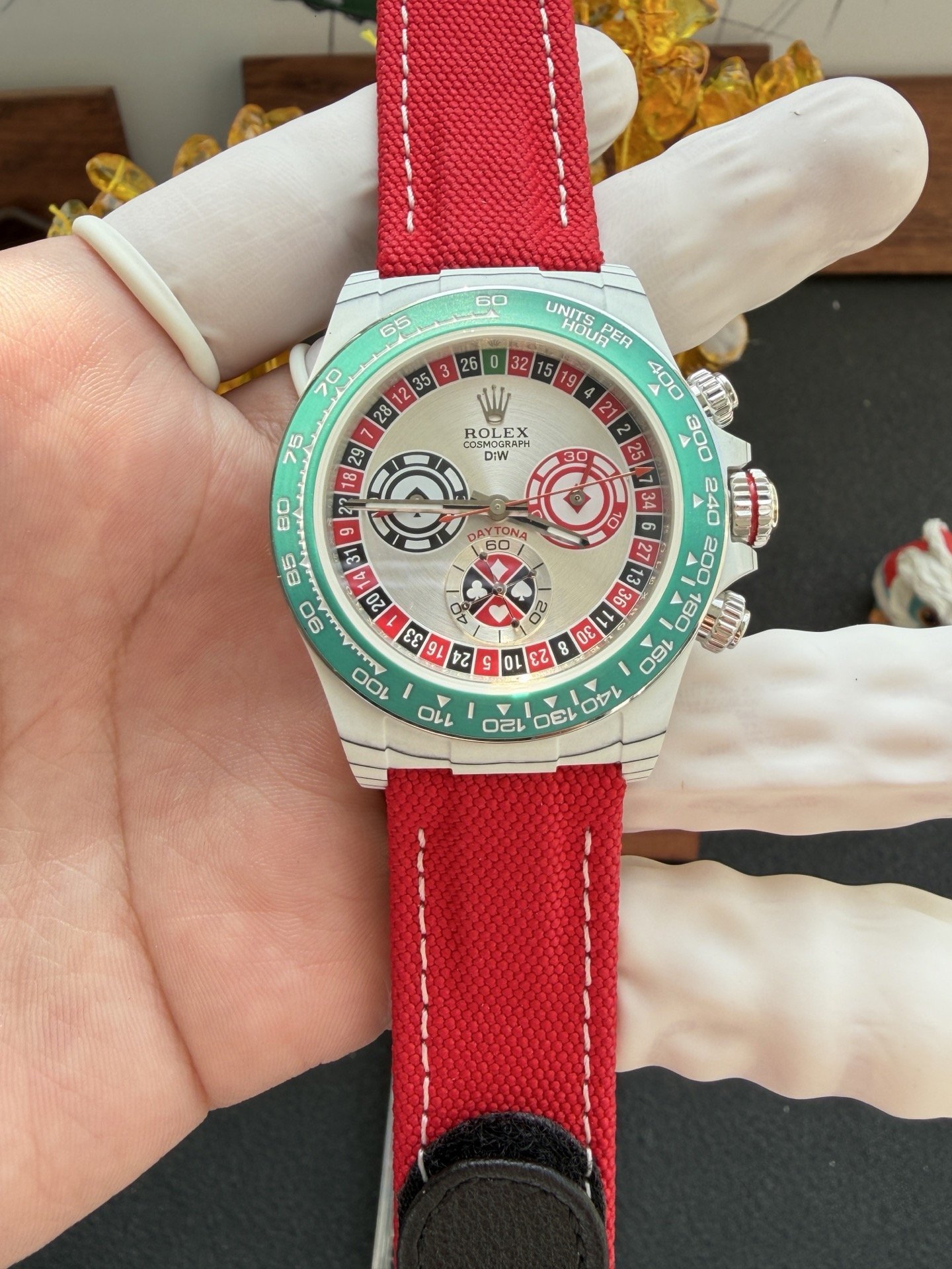 Rolex Daytona DiW LUCKY PLAYER QF White Quartz TPT Red Nylon Strap Best Replica 40mm