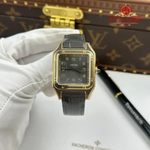 Cartier Santos Dumont LM Yellow Gold Gray Lacquer Grey Dial Quartz Leather Strap Replica AF 31.4mm x 43.5mm