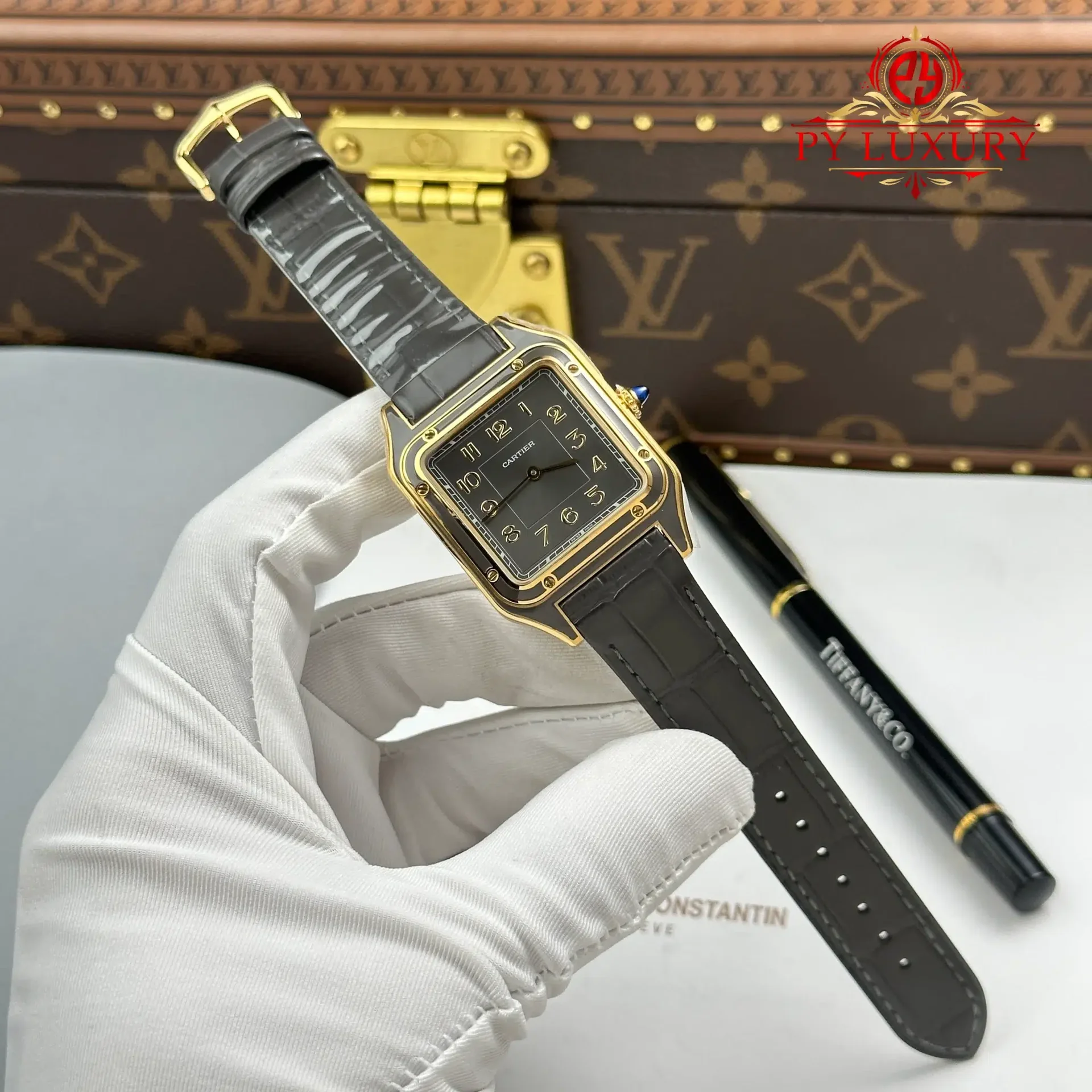 Cartier Santos Dumont LM Yellow Gold Gray Lacquer Grey Dial Quartz Leather Strap Replica AF 31.4mm x 43.5mm - 图片 2