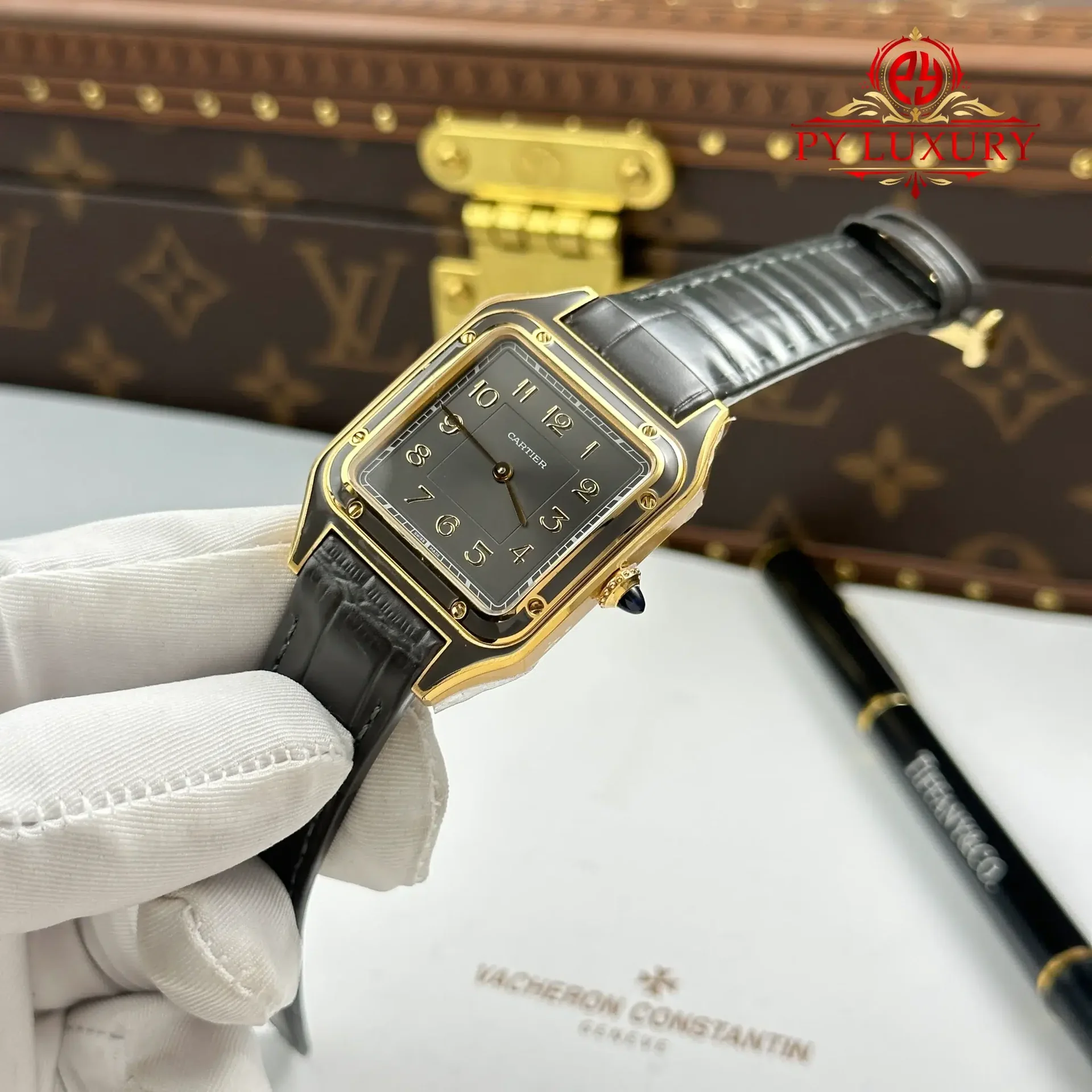 Cartier Santos Dumont LM Yellow Gold Gray Lacquer Grey Dial Quartz Leather Strap Replica AF 31.4mm x 43.5mm - 图片 3
