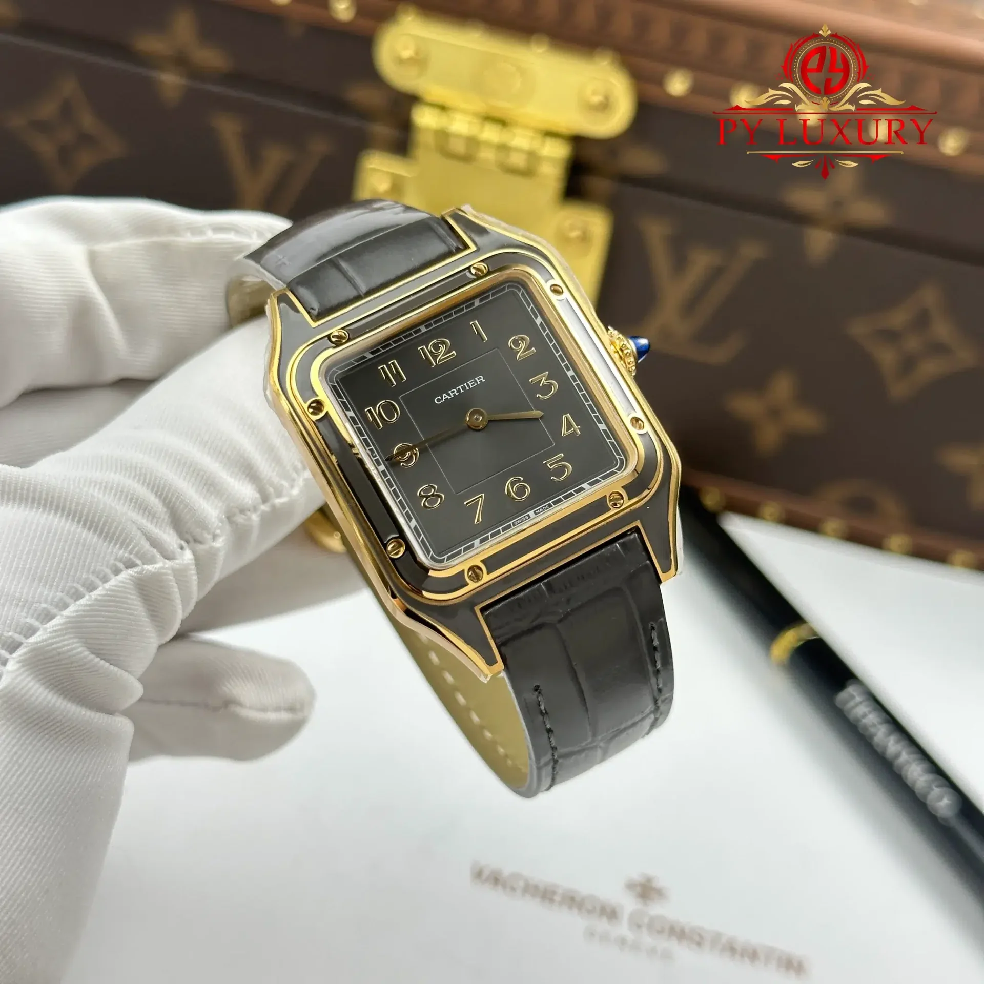 Cartier Santos Dumont LM Yellow Gold Gray Lacquer Grey Dial Quartz Leather Strap Replica AF 31.4mm x 43.5mm - 图片 4