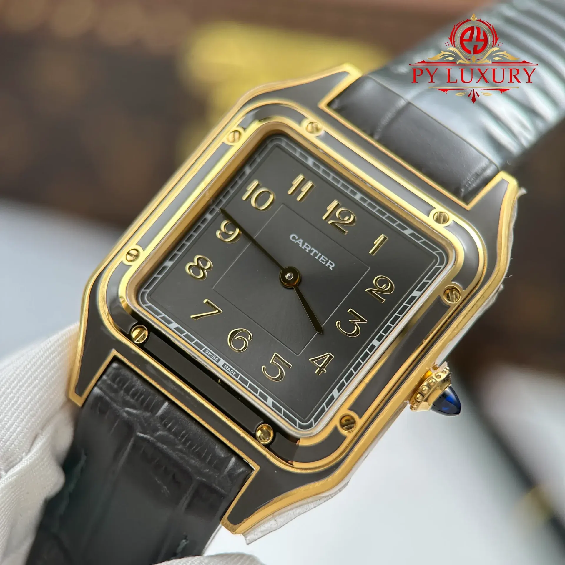 Cartier Santos Dumont LM Yellow Gold Gray Lacquer Grey Dial Quartz Leather Strap Replica AF 31.4mm x 43.5mm - 图片 5