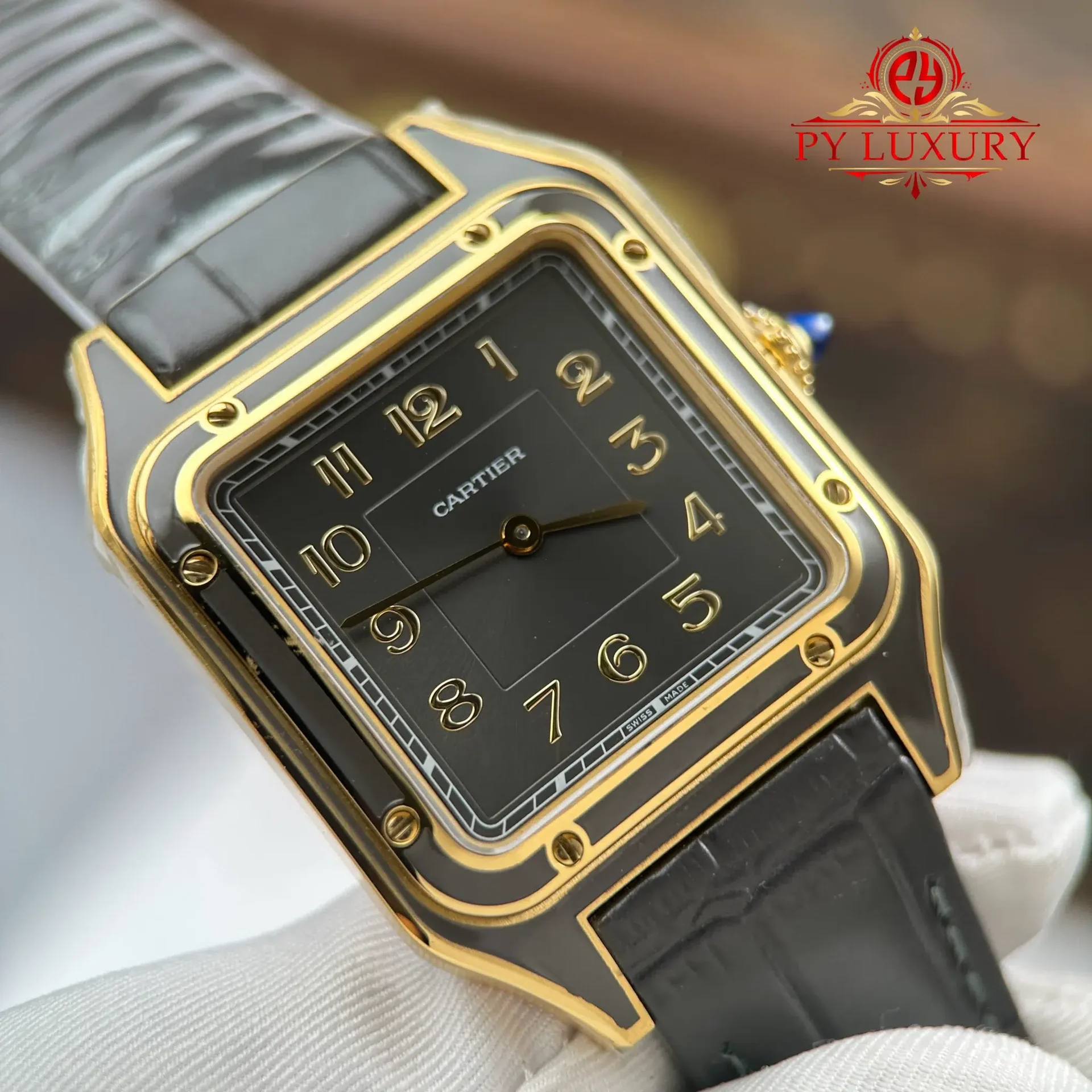 Cartier Santos Dumont LM Yellow Gold Gray Lacquer Grey Dial Quartz Leather Strap Replica AF 31.4mm x 43.5mm - 图片 6
